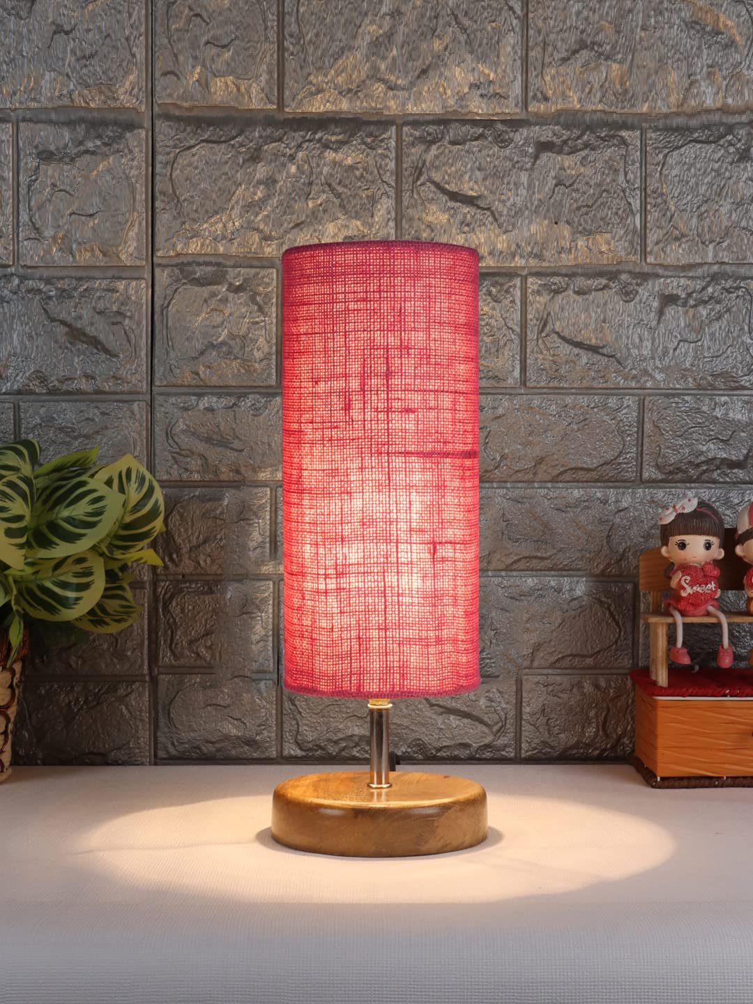 Wood Table lamp with Pink Jute Shade(48)