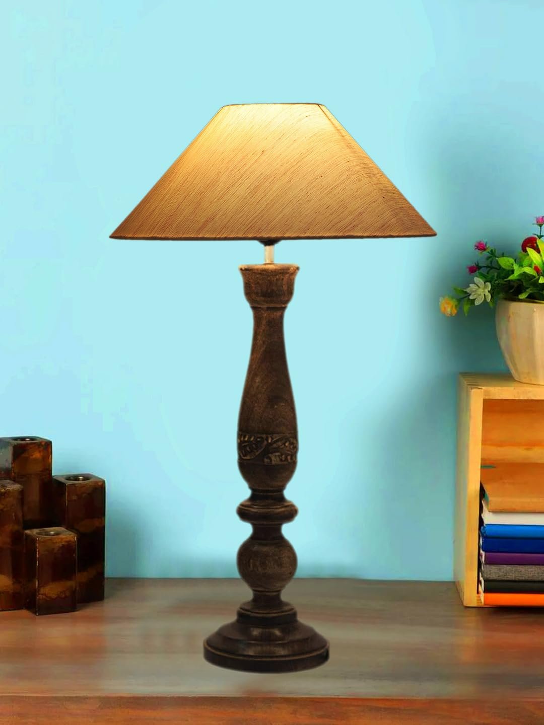 Coolie Off White Cotton Shade Lamp with Wood Base for Decoration/Office/Home/Gifting/Study for Decoration/Office/Home/Gifting/Study -(13x13x21) Inches -