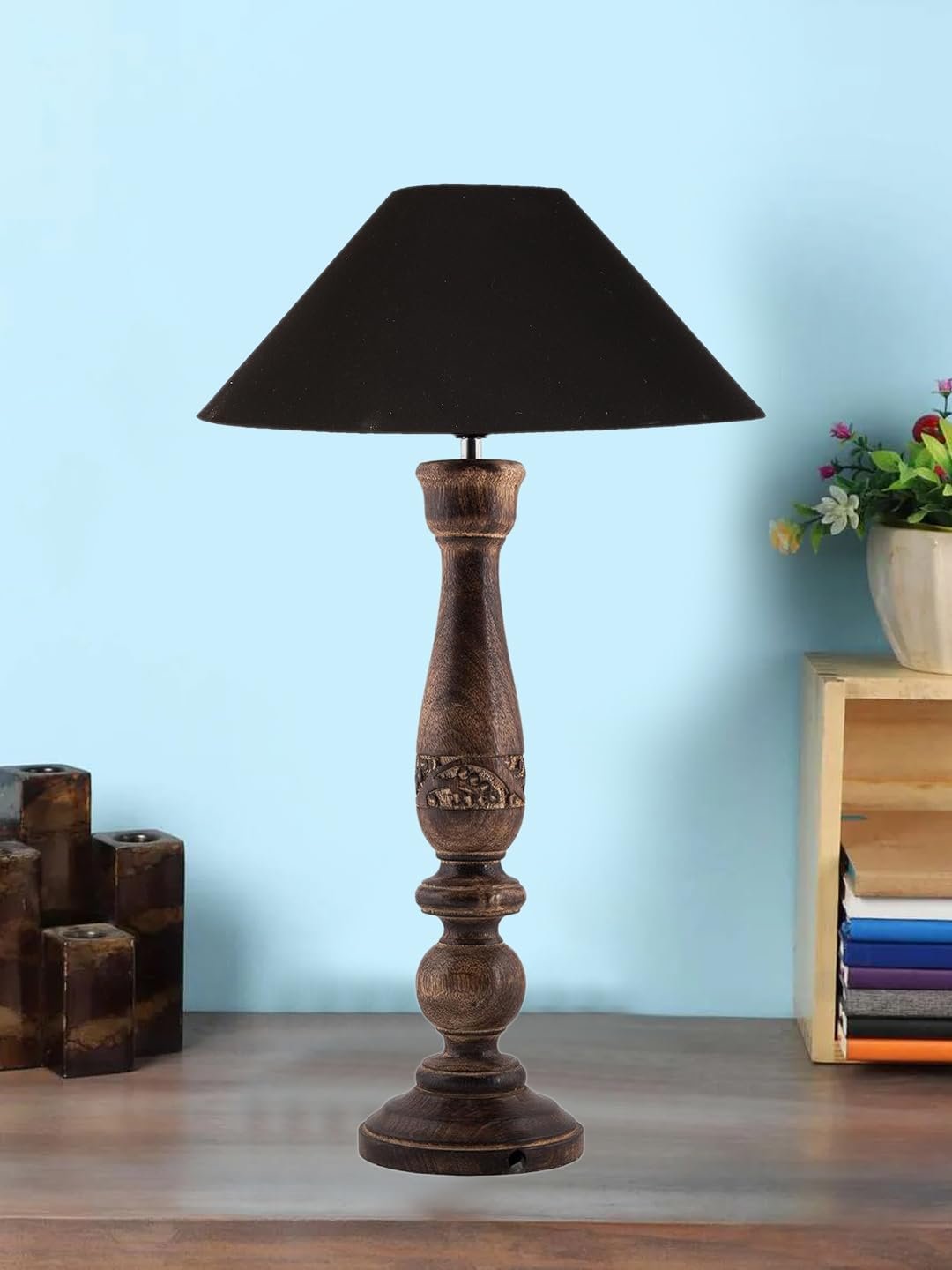 Coolie Black Cotton Shade Lamp with Wood Base for Decoration/Office/Home/Gifting/Study for Office/Home/Gifting -(13x13x21) Inches -