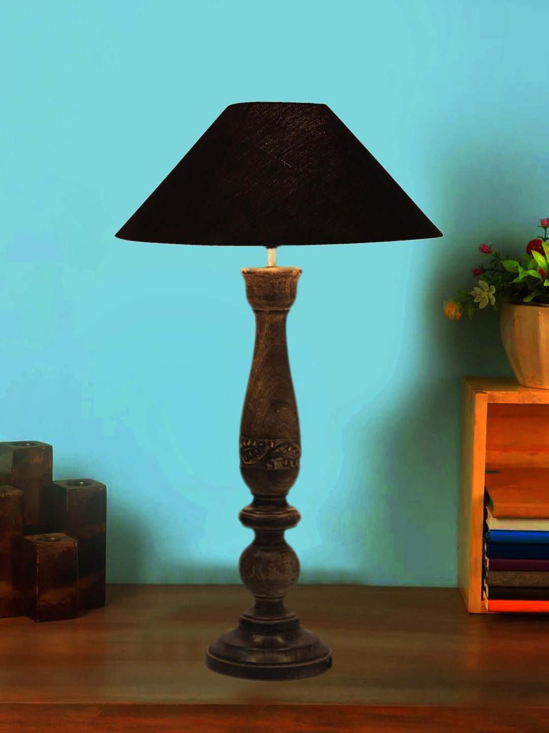 Coolie Black Cotton Shade Lamp with Wood Base for Decoration/Office/Home/Gifting/Study for Office/Home/Gifting -(13x13x21) Inches -