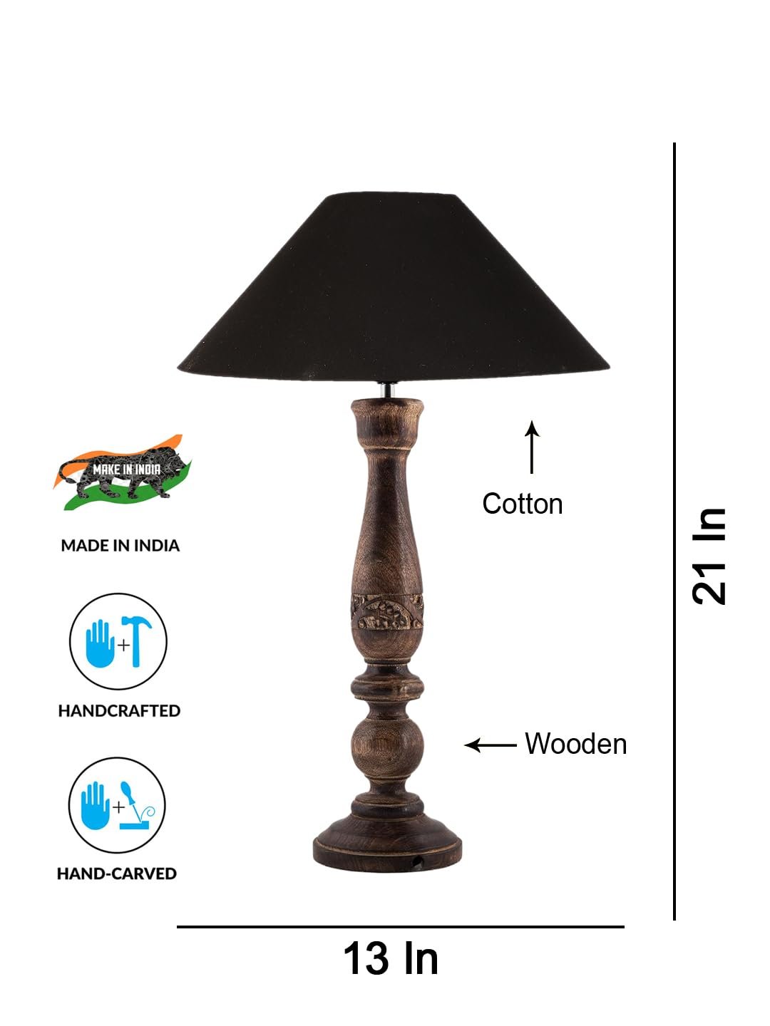 Coolie Black Cotton Shade Lamp with Wood Base for Decoration/Office/Home/Gifting/Study for Office/Home/Gifting -(13x13x21) Inches -