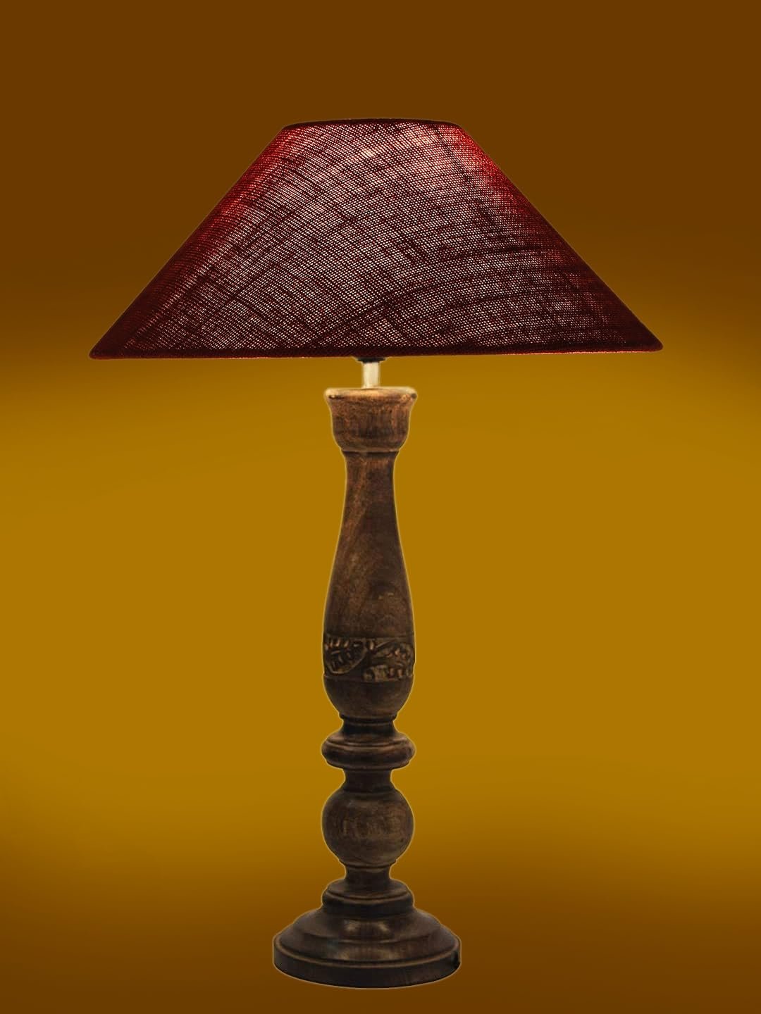 Coolie Maroon Jute Shade Lamp with Wood Base for Decoration/Office/Home/Gifting/Study for Office/Home/Gifting -(13x13x21) Inches -