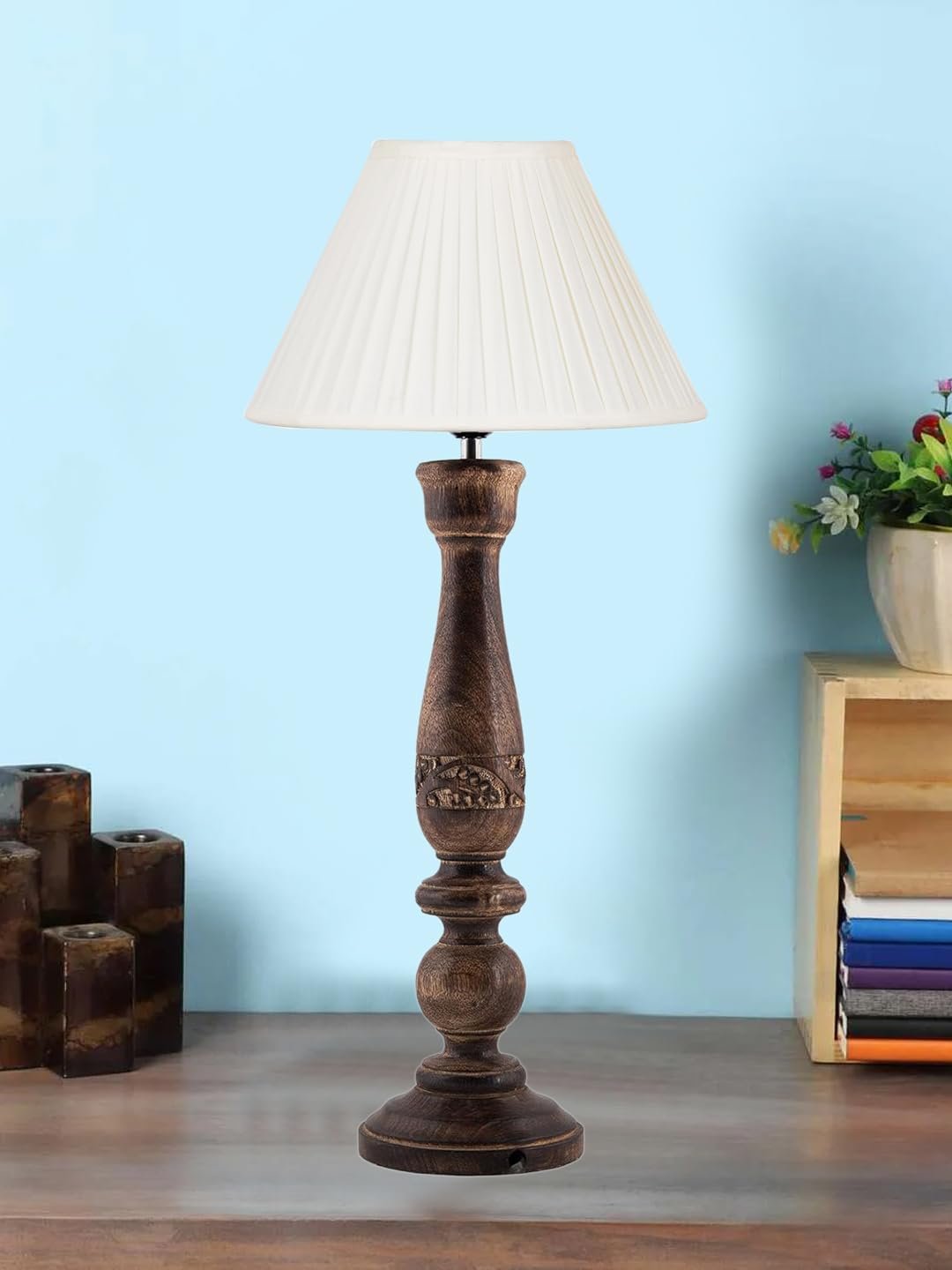 Off White Cotton Knife Pleated Shade Lamp with Wood Base for Decoration/Office/Home/Gifting/Study for Office/Home/Gifting -(12x12x22.5) Inches -