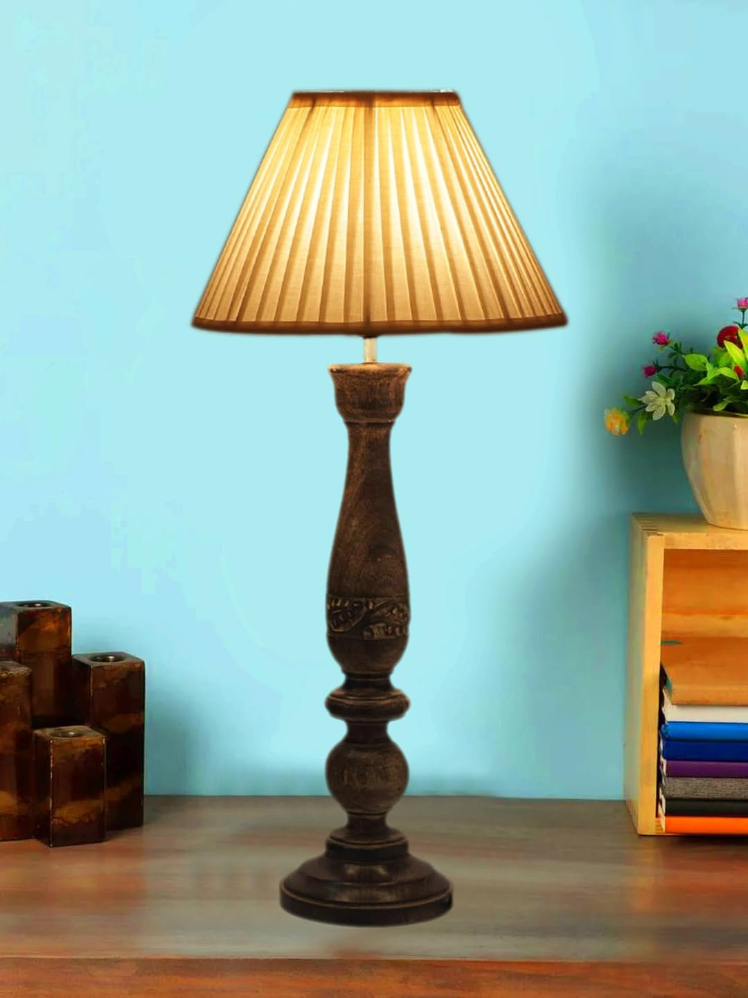 Off White Cotton Knife Pleated Shade Lamp with Wood Base for Decoration/Office/Home/Gifting/Study for Office/Home/Gifting -(12x12x22.5) Inches -