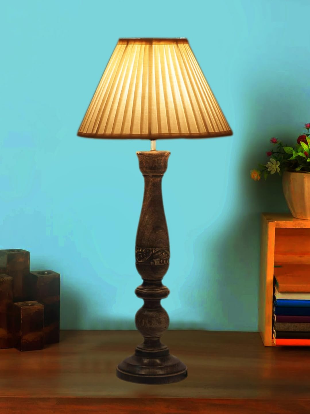 Off White Cotton Knife Pleated Shade Lamp with Wood Base for Decoration/Office/Home/Gifting/Study for Office/Home/Gifting -(12x12x22.5) Inches -