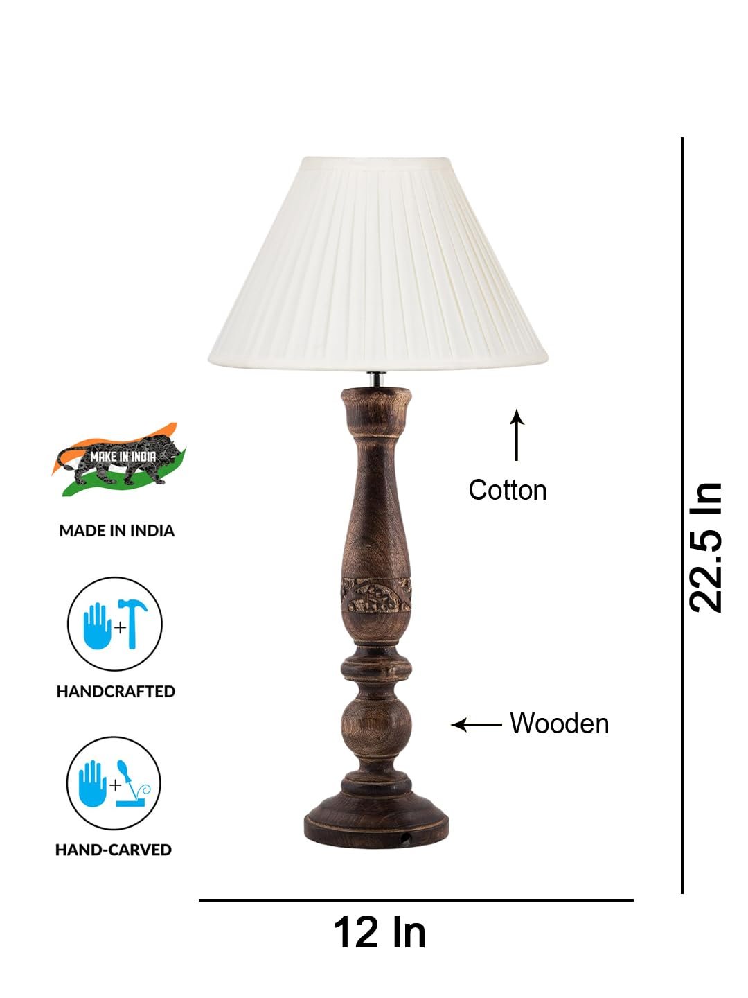 Off White Cotton Knife Pleated Shade Lamp with Wood Base for Decoration/Office/Home/Gifting/Study for Office/Home/Gifting -(12x12x22.5) Inches -