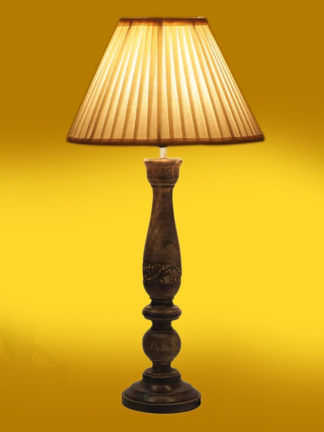 Off White Cotton Knife Pleated Shade Lamp with Wood Base for Decoration/Office/Home/Gifting/Study for Office/Home/Gifting -(12x12x22.5) Inches -