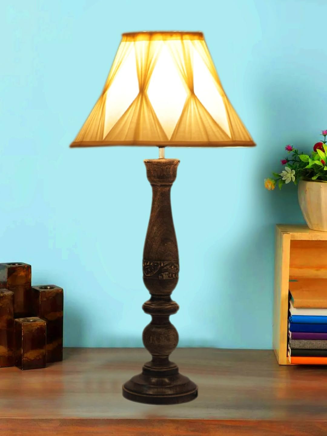 Off White Cotton Curtain Pleated Shade Lamp with Wood Base for Decoration/Office/Home/Gifting/Study for Office/Home/Gifting -(12x12x22.5) Inches -