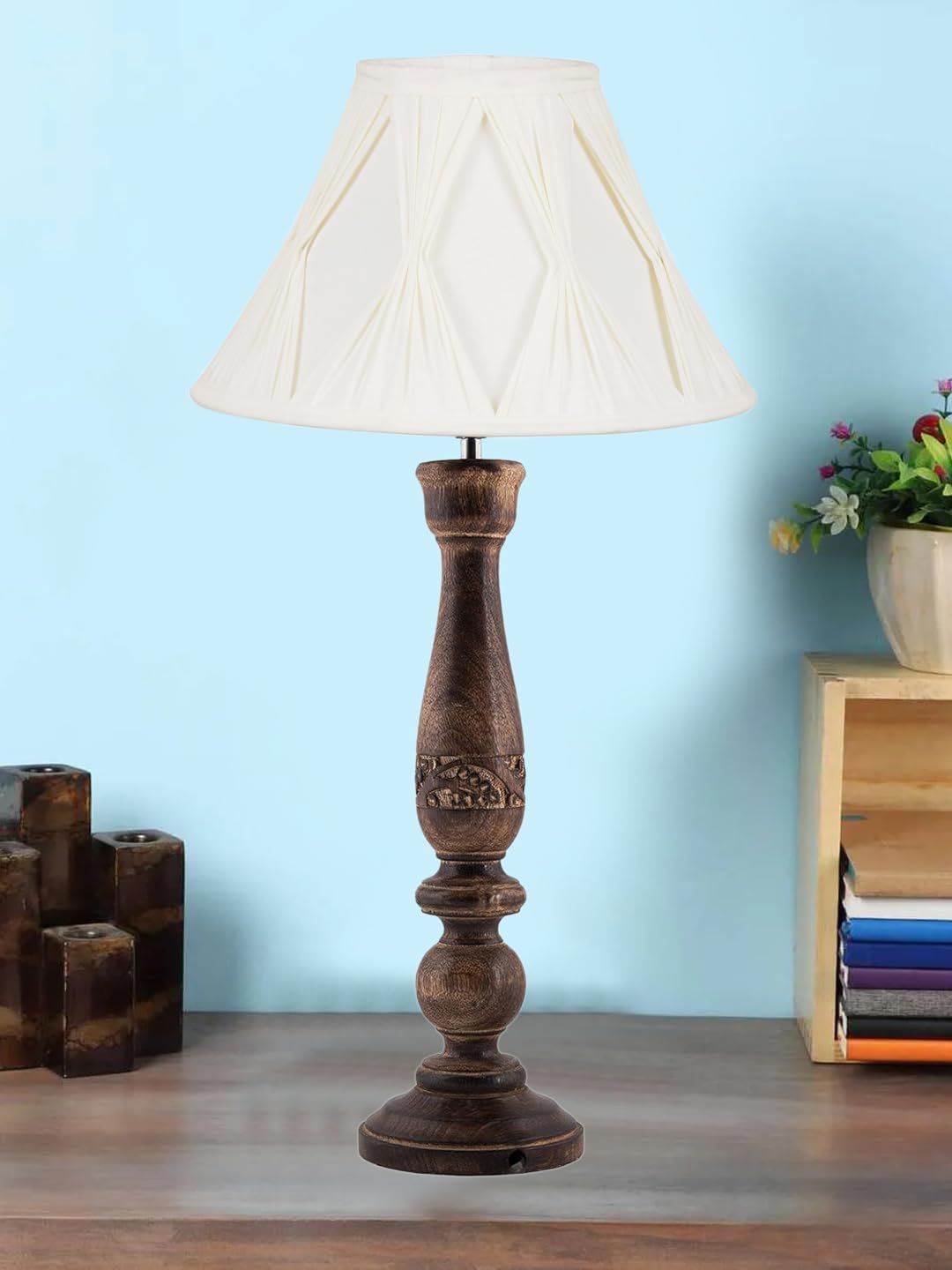 Off White Cotton Curtain Pleated Shade Lamp with Wood Base for Decoration/Office/Home/Gifting/Study for Office/Home/Gifting -(12x12x22.5) Inches -