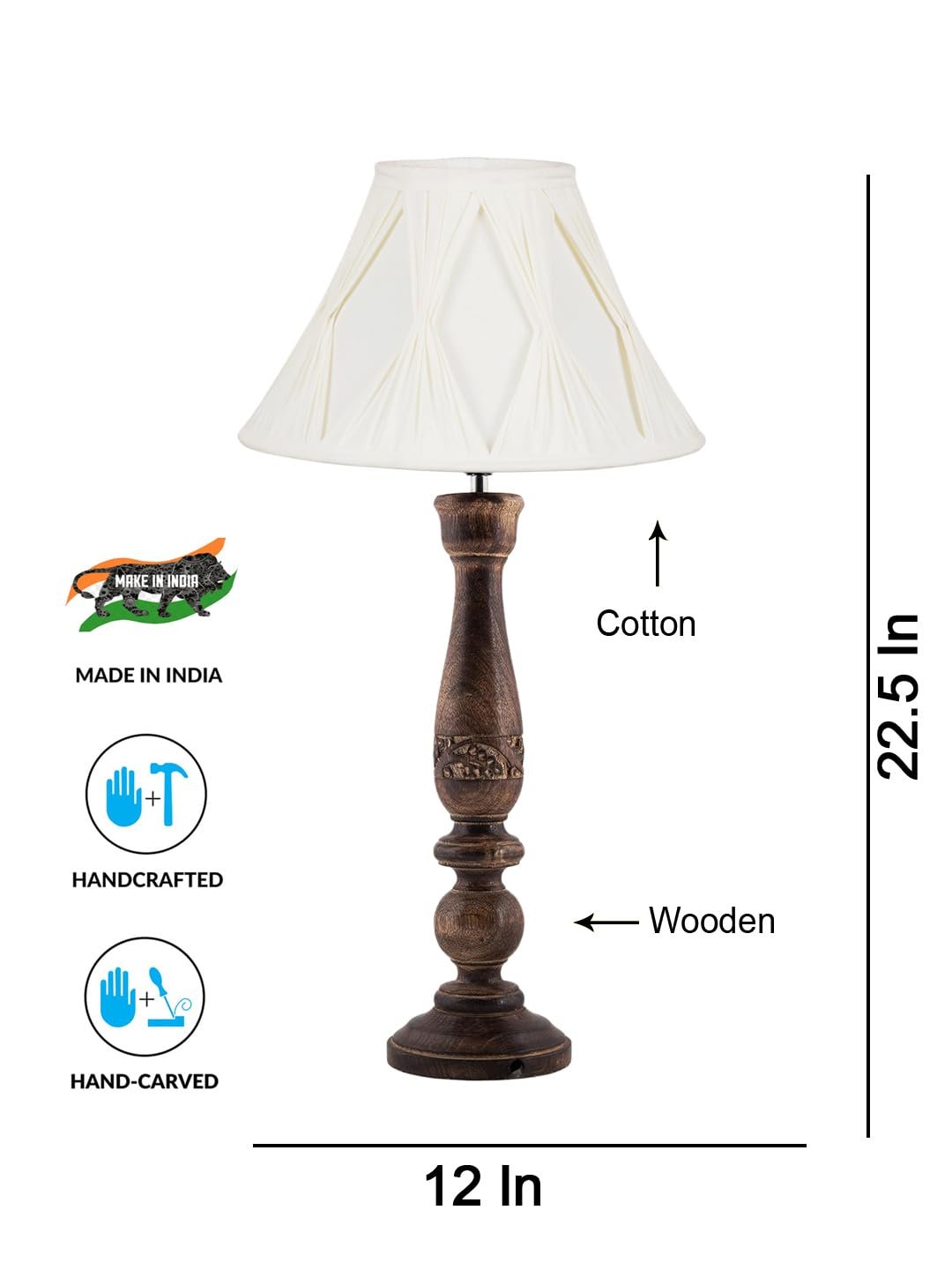 Off White Cotton Curtain Pleated Shade Lamp with Wood Base for Decoration/Office/Home/Gifting/Study for Office/Home/Gifting -(12x12x22.5) Inches -