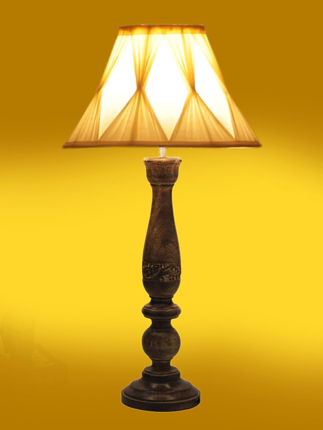 Off White Cotton Curtain Pleated Shade Lamp with Wood Base for Decoration/Office/Home/Gifting/Study for Office/Home/Gifting -(12x12x22.5) Inches -