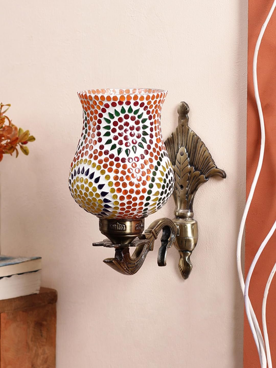 Antique Metal Wall Lamp with Mosaic Glass for Home/Office/Gifting -C (8.8x4.5x11) - Multicolor