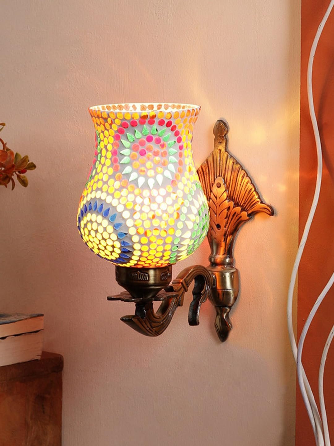 Antique Metal Wall Lamp with Mosaic Glass for Home/Office/Gifting -C (8.8x4.5x11) - Multicolor