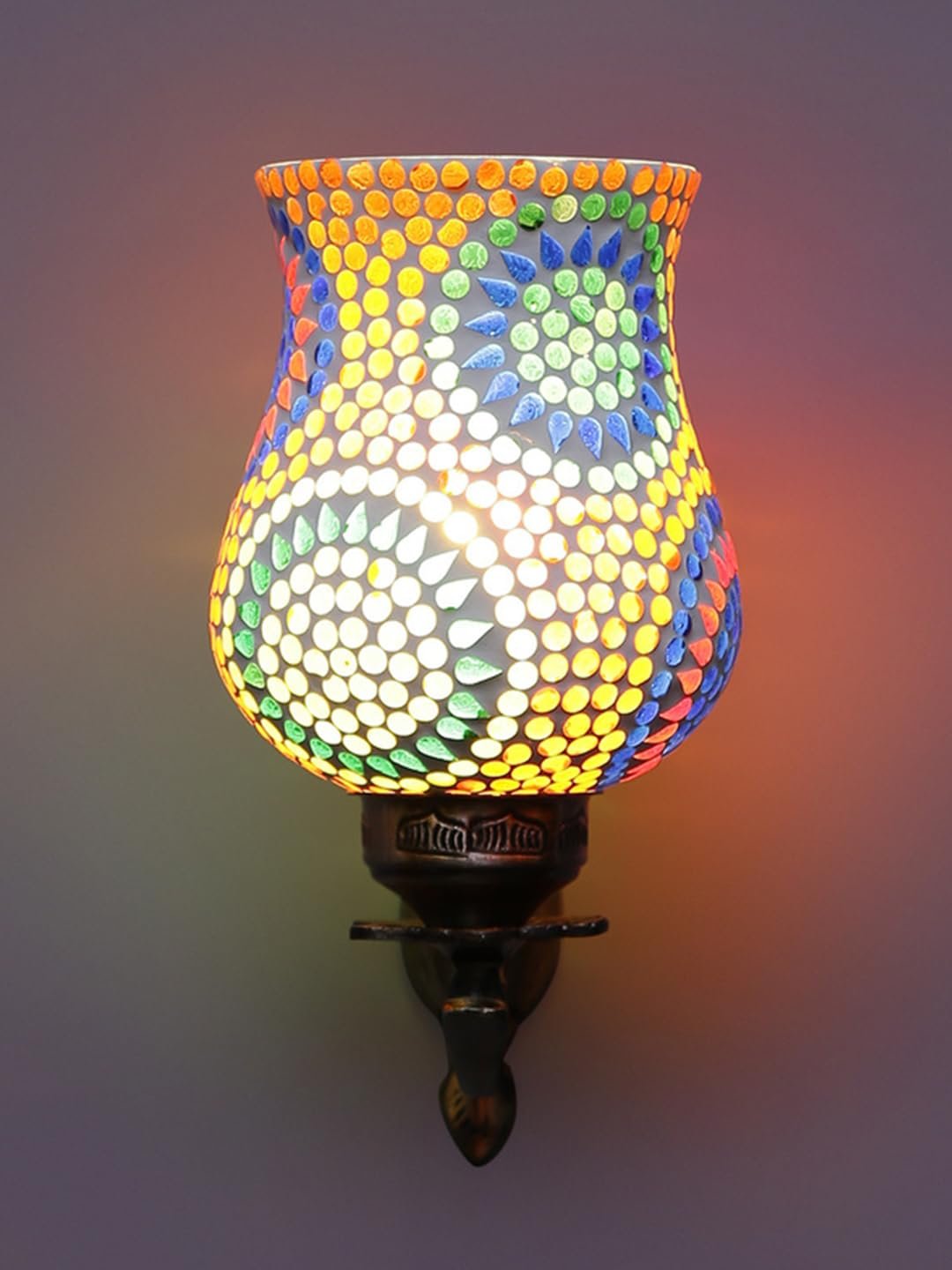 Antique Metal Wall Lamp with Mosaic Glass for Home/Office/Gifting -C (8.8x4.5x11) - Multicolor