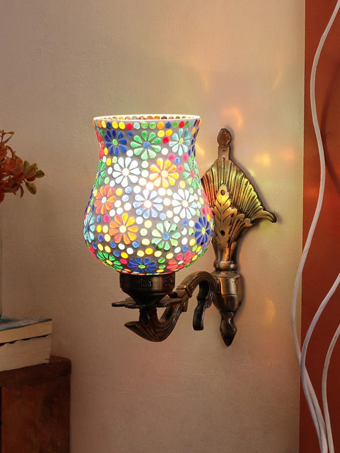 Antique Metal Wall Lamp with Multicolor Mosaic Glass -D(8.8x4.5x11)