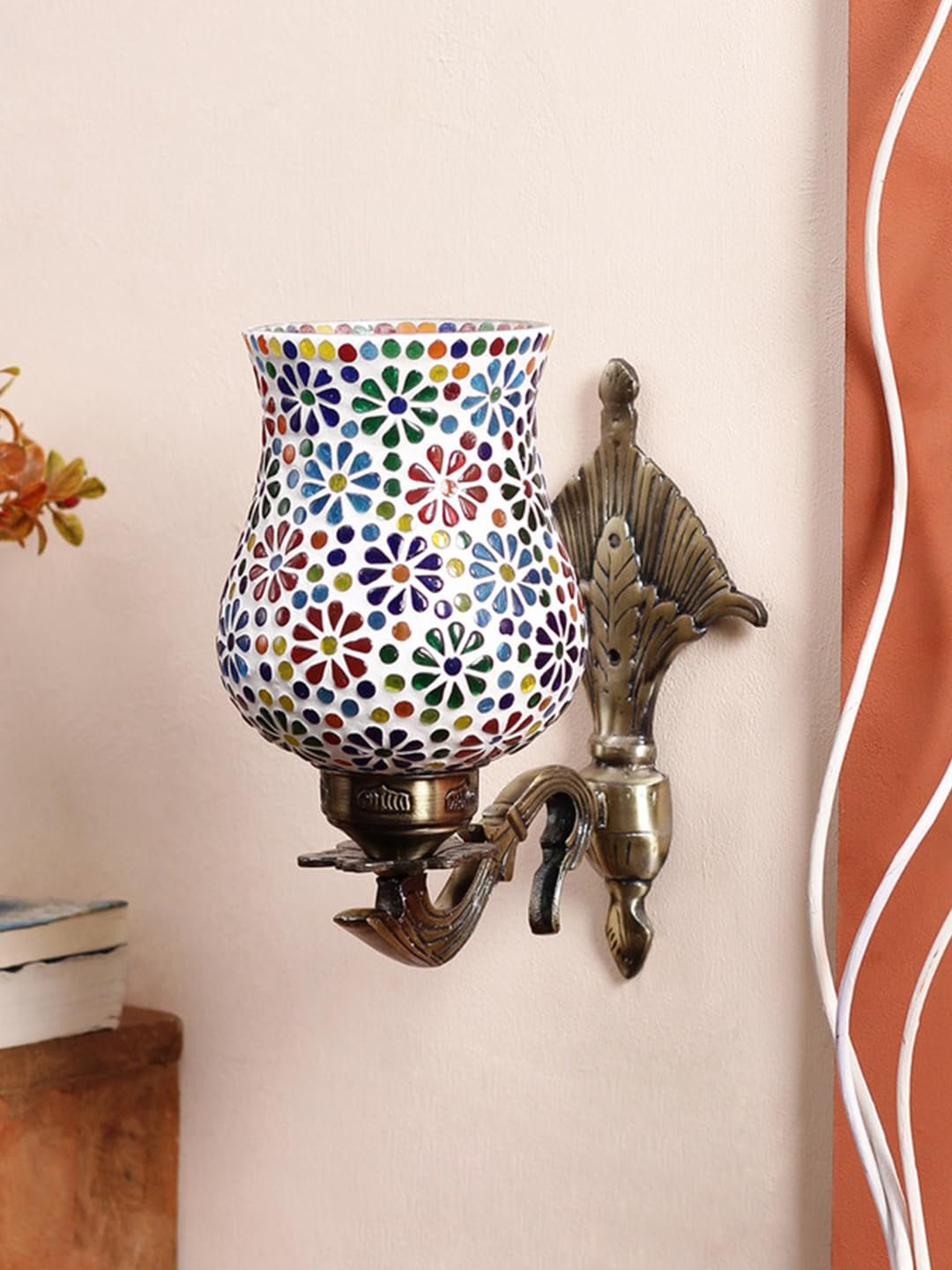 Antique Metal Wall Lamp with Multicolor Mosaic Glass -D(8.8x4.5x11)
