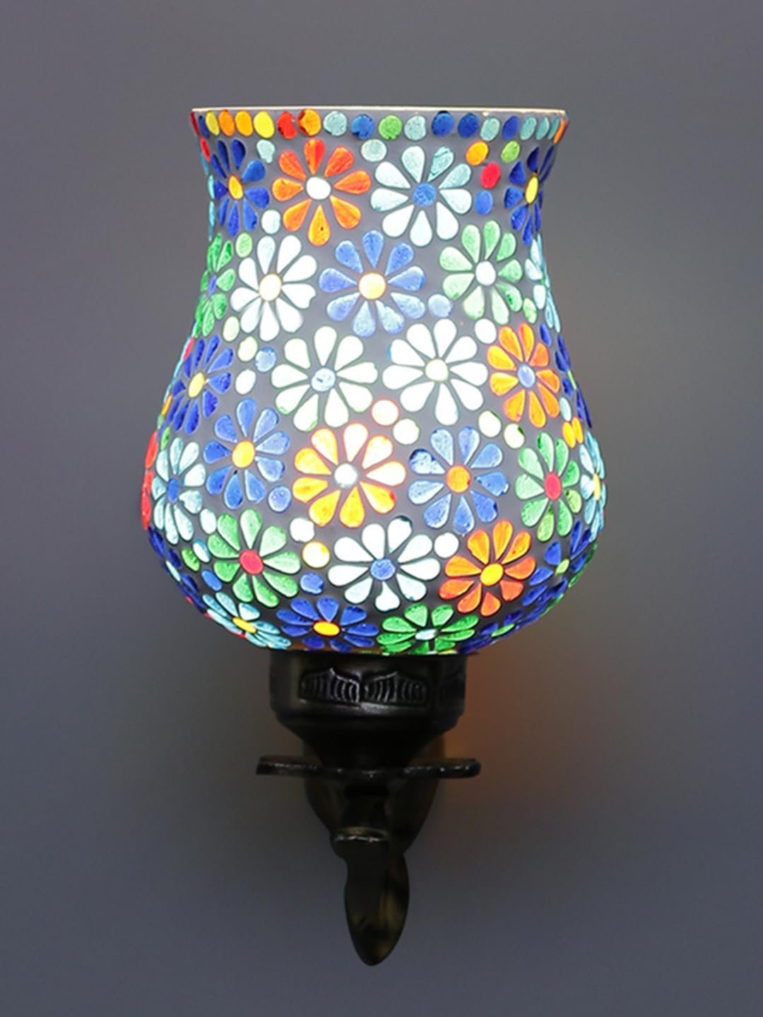 Antique Metal Wall Lamp with Multicolor Mosaic Glass -D(8.8x4.5x11)