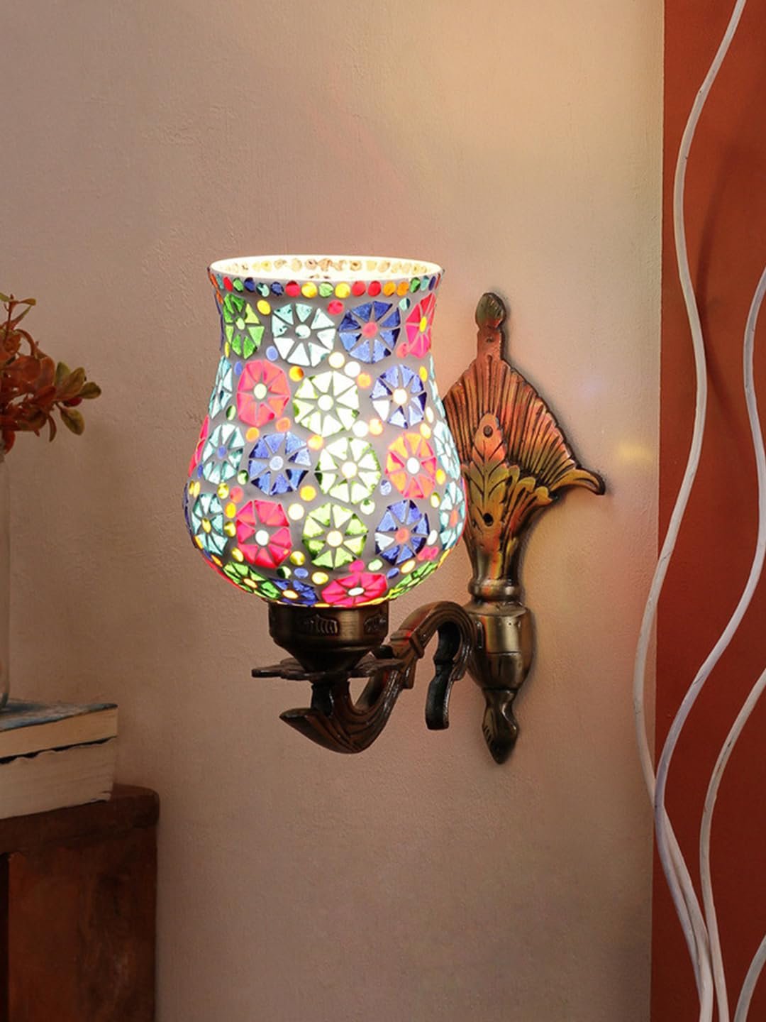Antique Metal Wall Lamp with Multicolor Mosaic Glass -F(8.8x4.5x11)