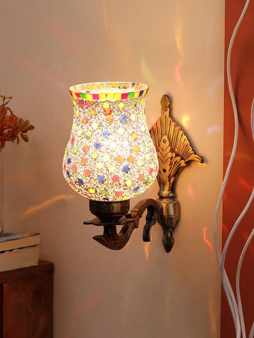 Antique Metal Wall Lamp with Multicolor Mosaic Glass -h(8.8x4.5x11)