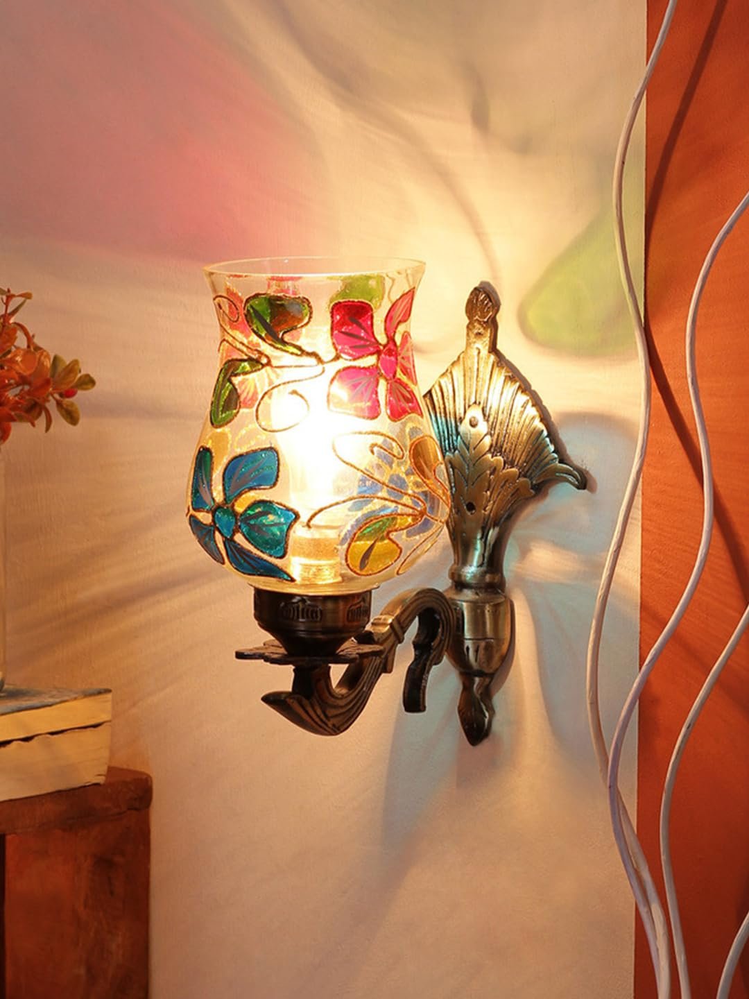 Antique Metal Wall Lamp with Multicolor Mosaic Glass -N(8.8x4.5x11)