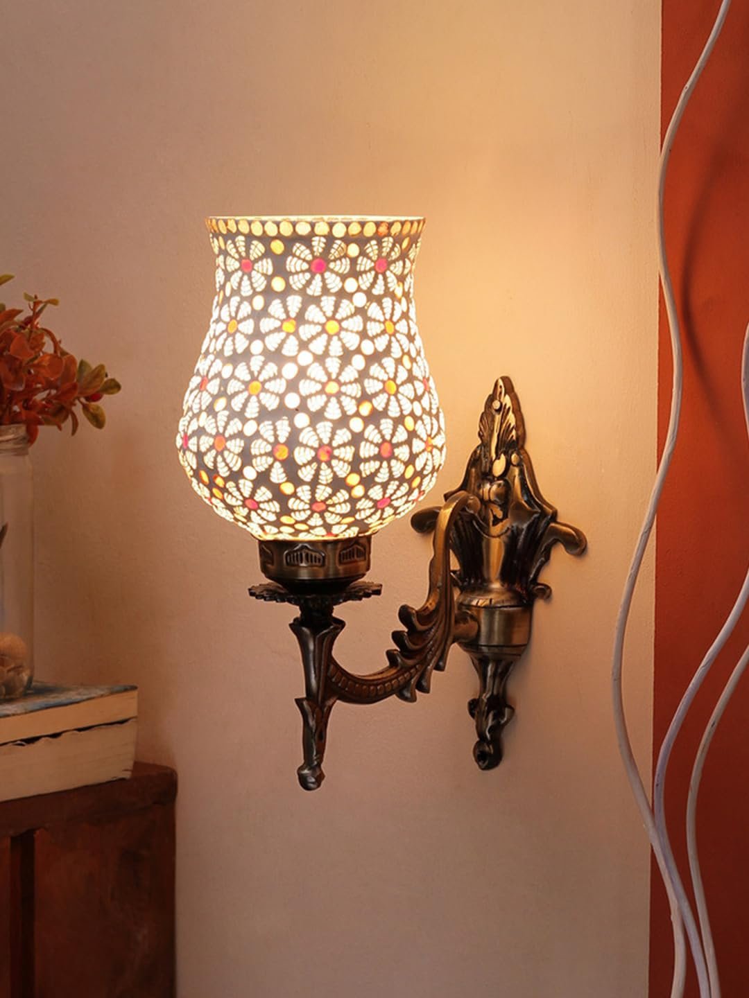Antique Metal Wall Lamp with Multicolor Mosaic Glass -P(9.3x4.5x12 Inches)