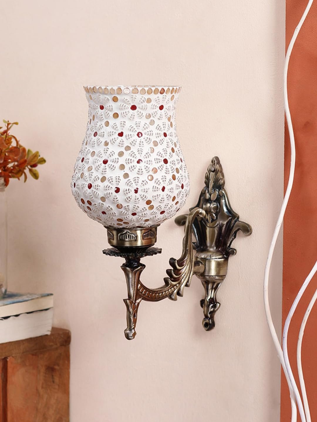 Antique Metal Wall Lamp with Multicolor Mosaic Glass -P(9.3x4.5x12 Inches)