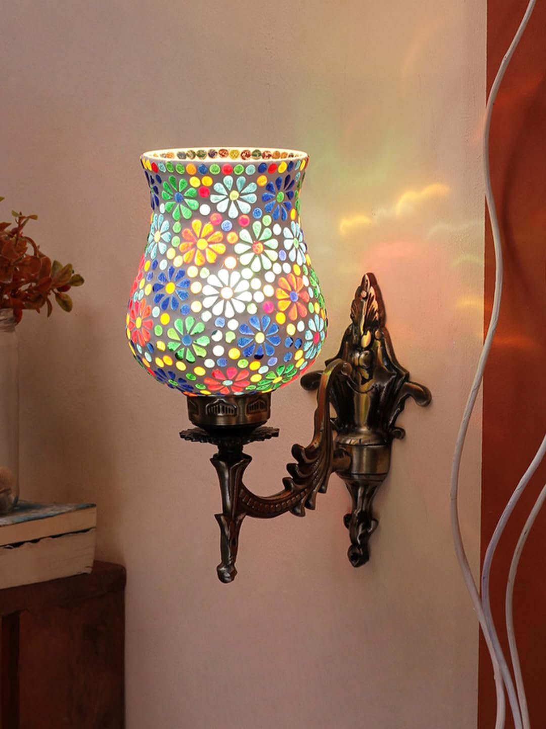 Antique Metal Wall Lamp with Mosaic Glass -R(9.3x4.5x12 Inches) - Multicolor