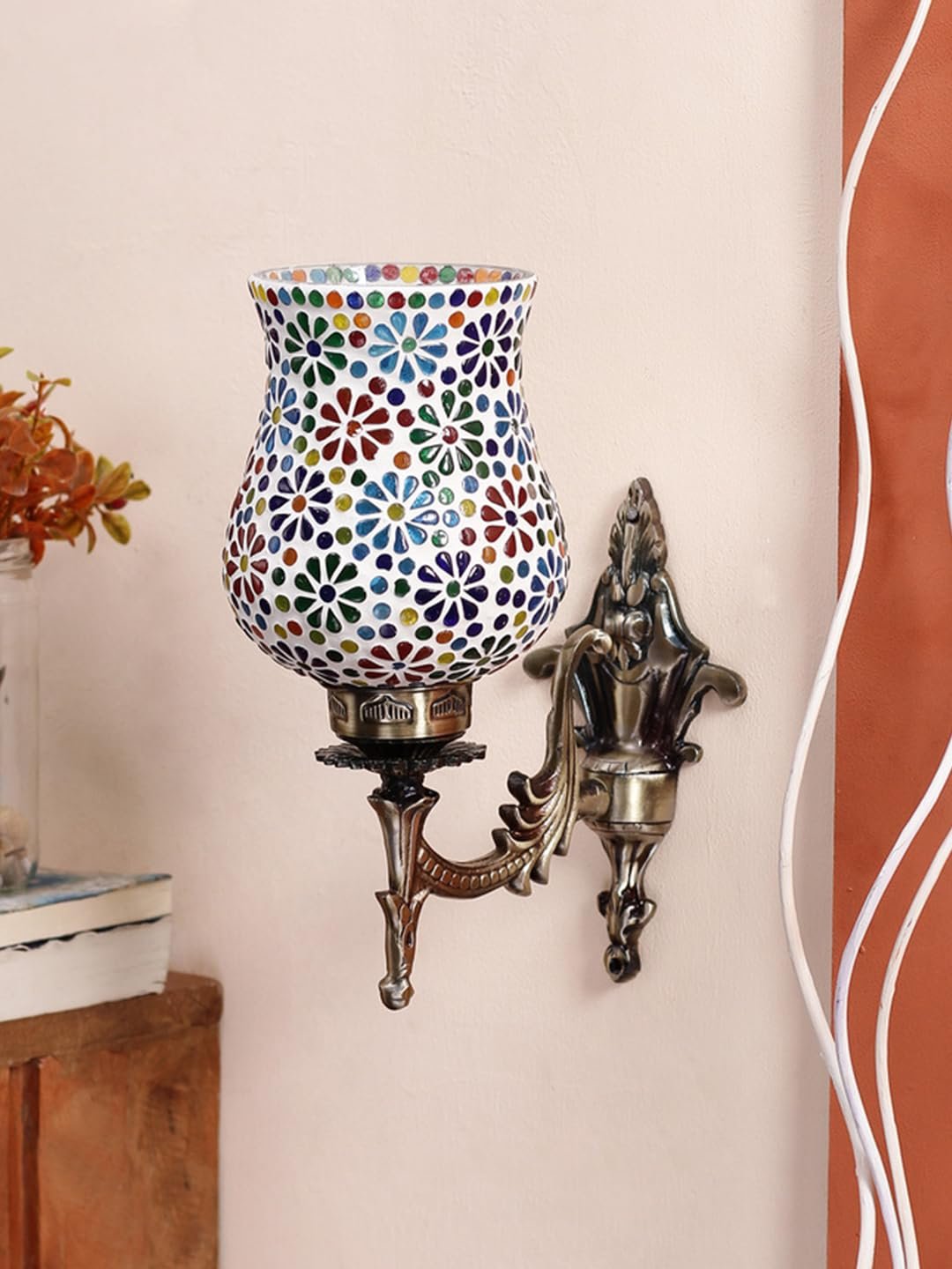Antique Metal Wall Lamp with Mosaic Glass -R(9.3x4.5x12 Inches) - Multicolor