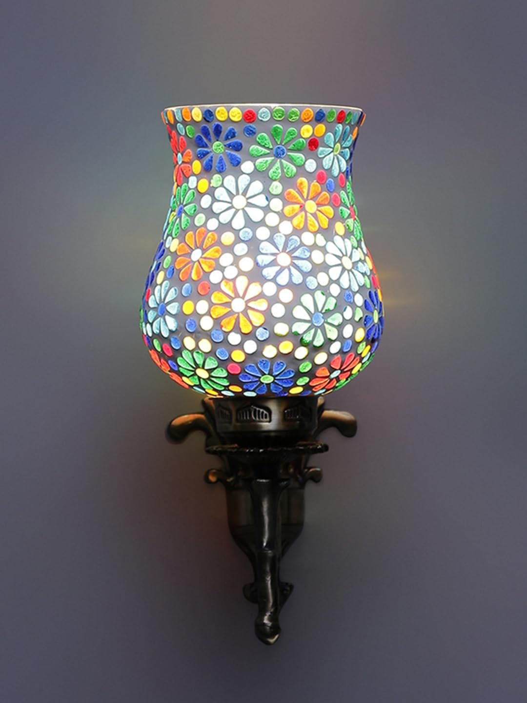 Antique Metal Wall Lamp with Mosaic Glass -R(9.3x4.5x12 Inches) - Multicolor