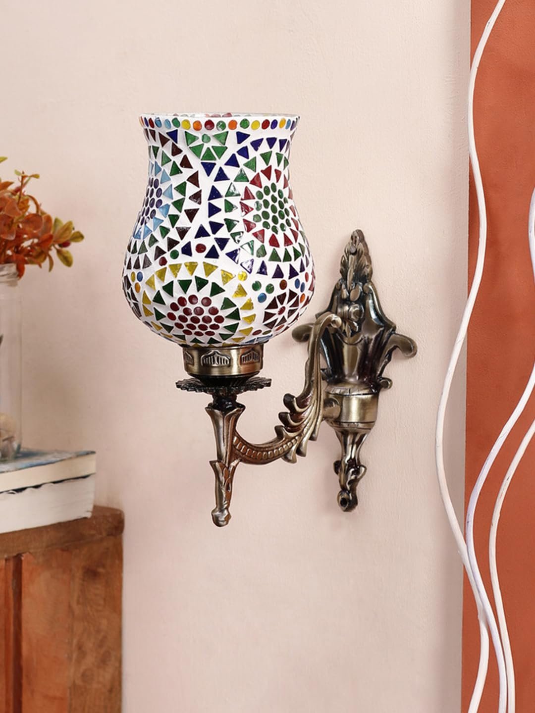 Antique Metal Wall Lamp with Multicolor Mosaic Glass -S(9.3x4.5x12 Inches)