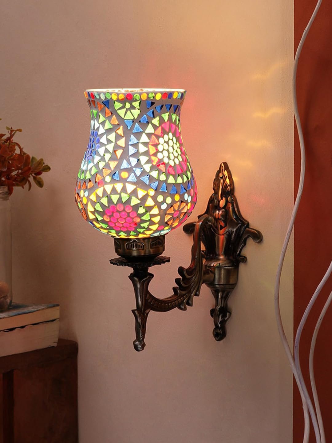 Antique Metal Wall Lamp with Multicolor Mosaic Glass -S(9.3x4.5x12 Inches)