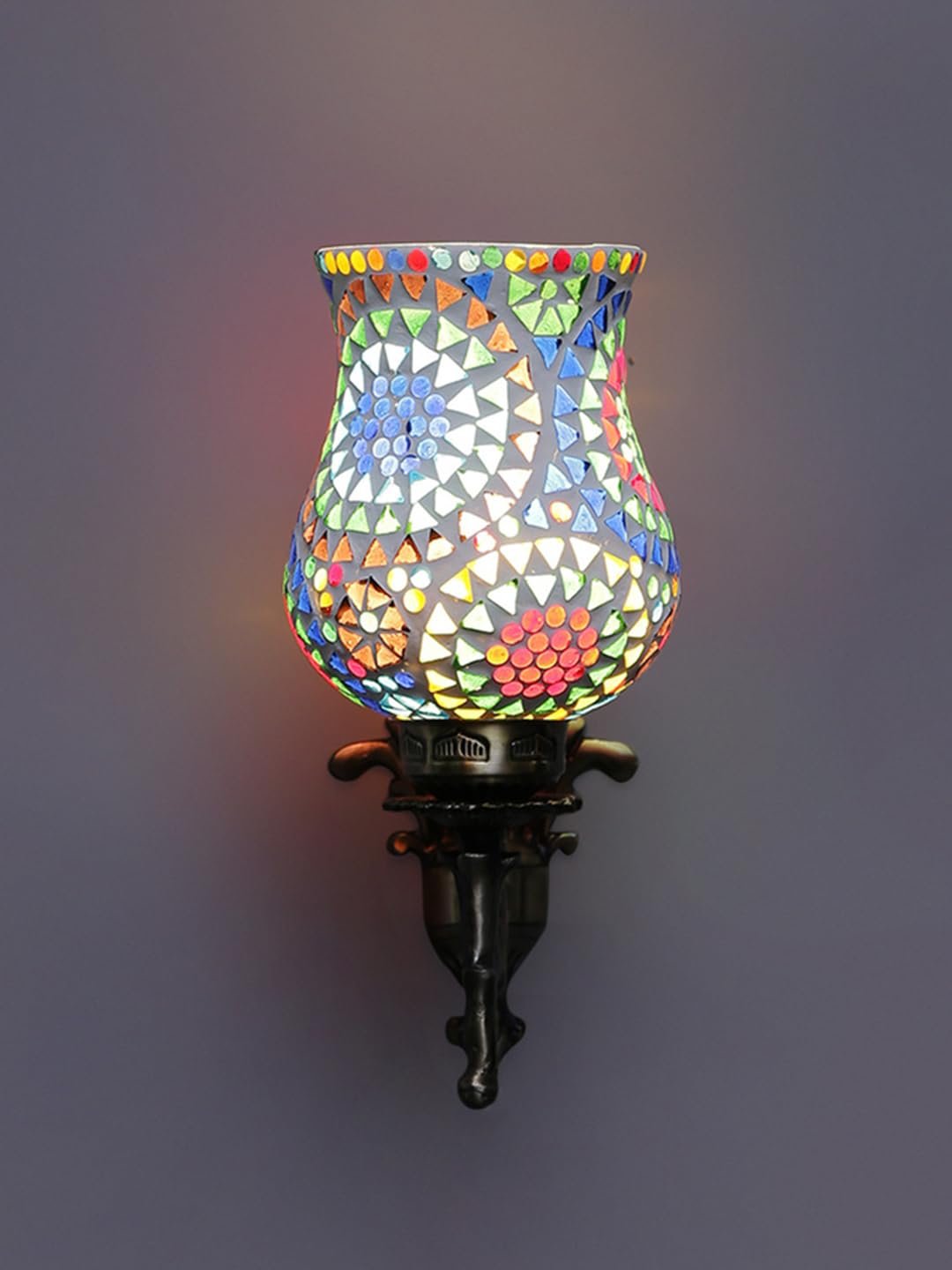 Antique Metal Wall Lamp with Multicolor Mosaic Glass -S(9.3x4.5x12 Inches)