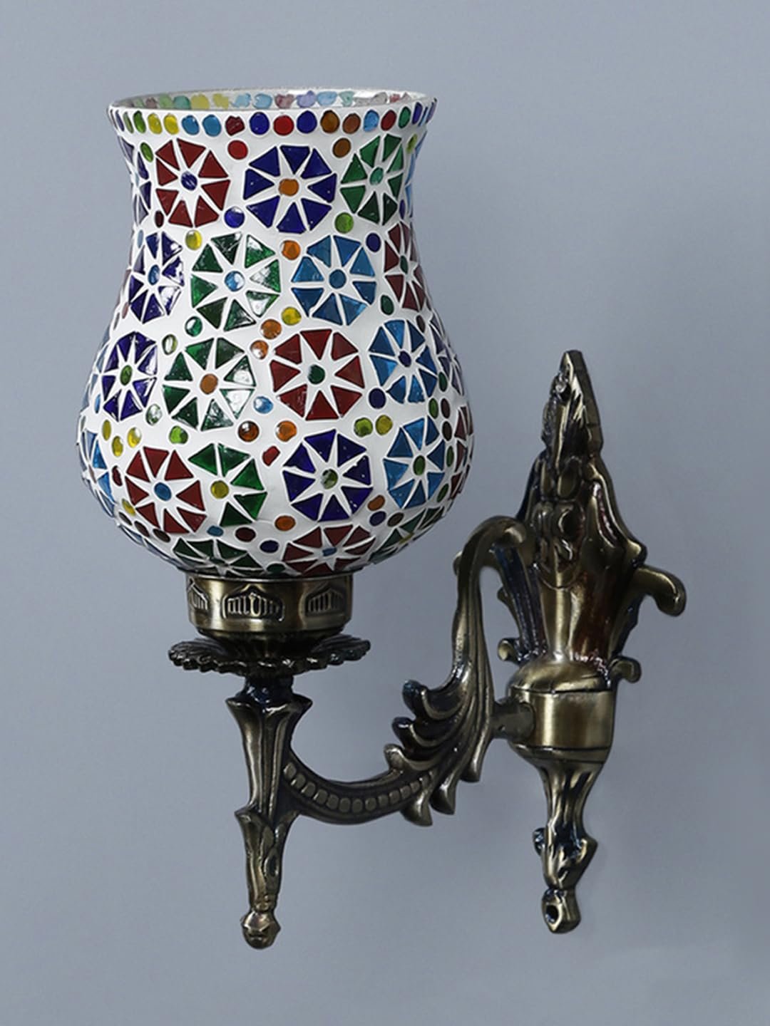 Antique Metal Wall Lamp with Multicolor Mosaic Glass -U(9.3x4.5x12 Inches)