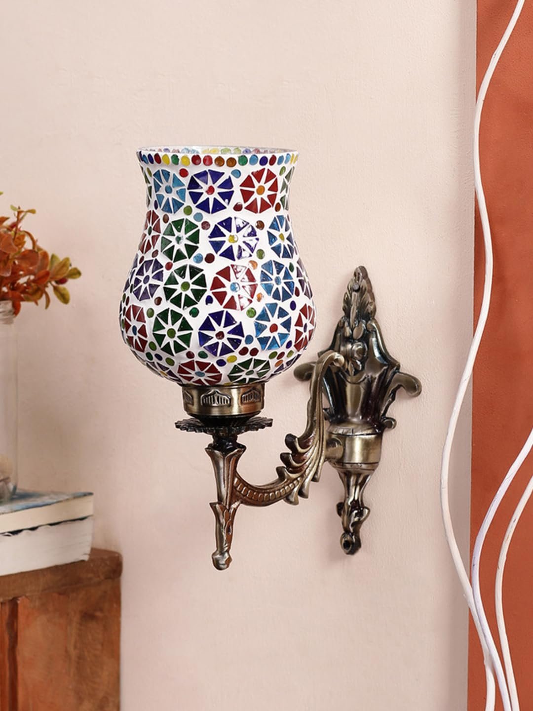 Antique Metal Wall Lamp with Multicolor Mosaic Glass -U(9.3x4.5x12 Inches)