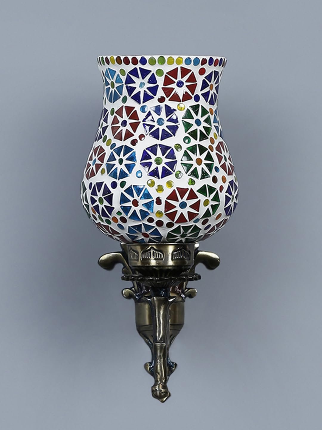 Antique Metal Wall Lamp with Multicolor Mosaic Glass -U(9.3x4.5x12 Inches)