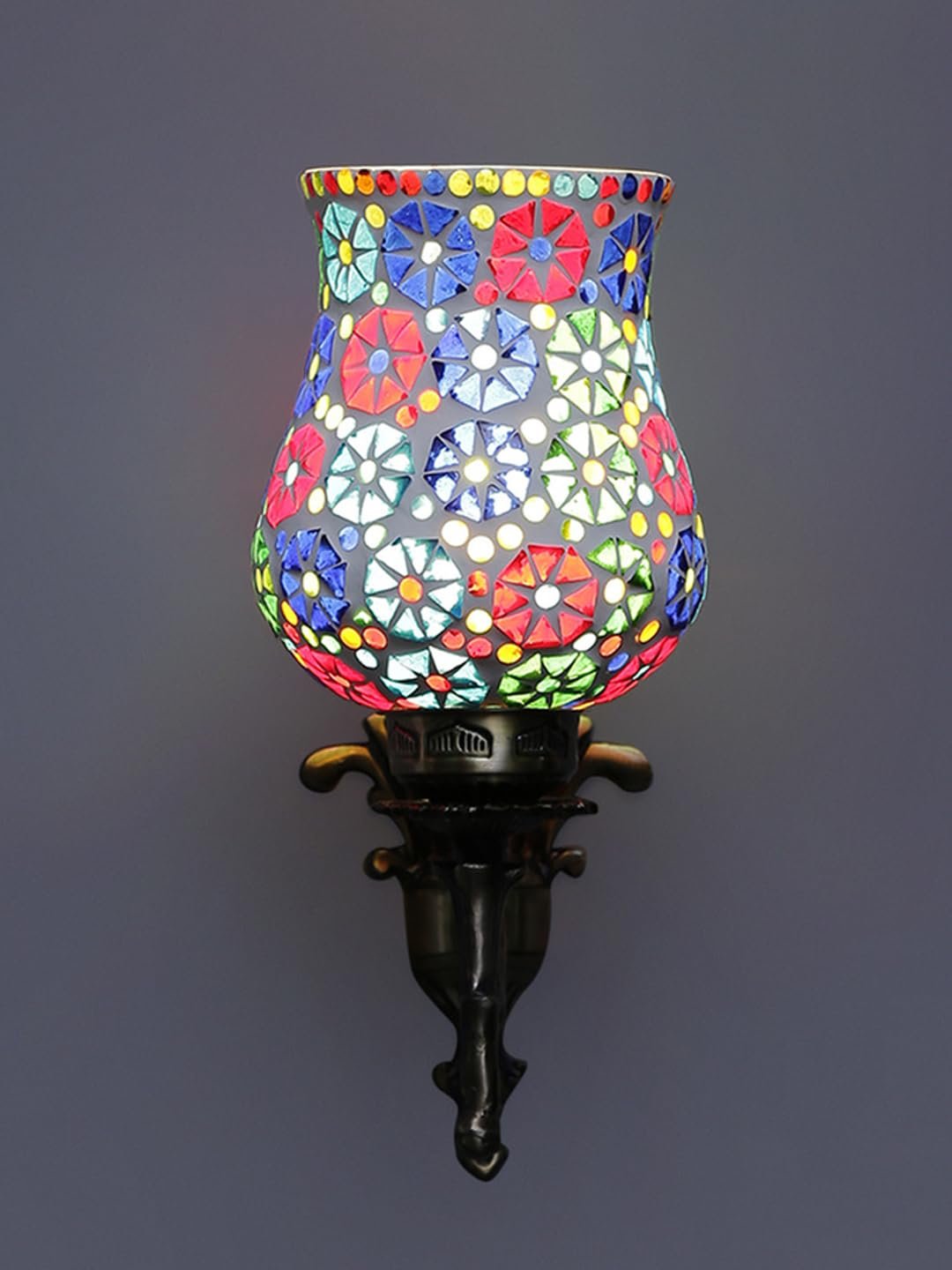 Antique Metal Wall Lamp with Multicolor Mosaic Glass -U(9.3x4.5x12 Inches)