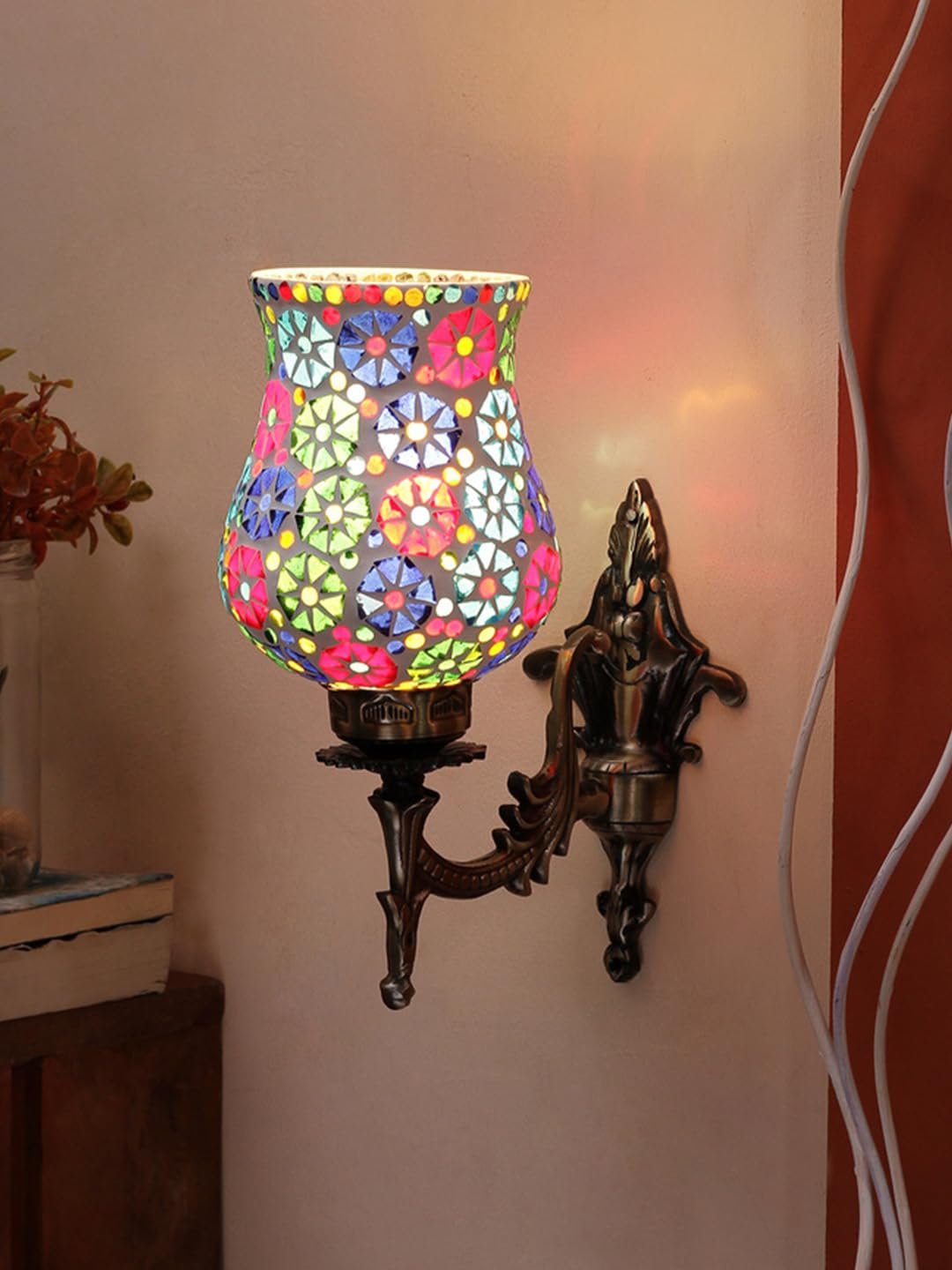 Antique Metal Wall Lamp with Multicolor Mosaic Glass -U(9.3x4.5x12 Inches)