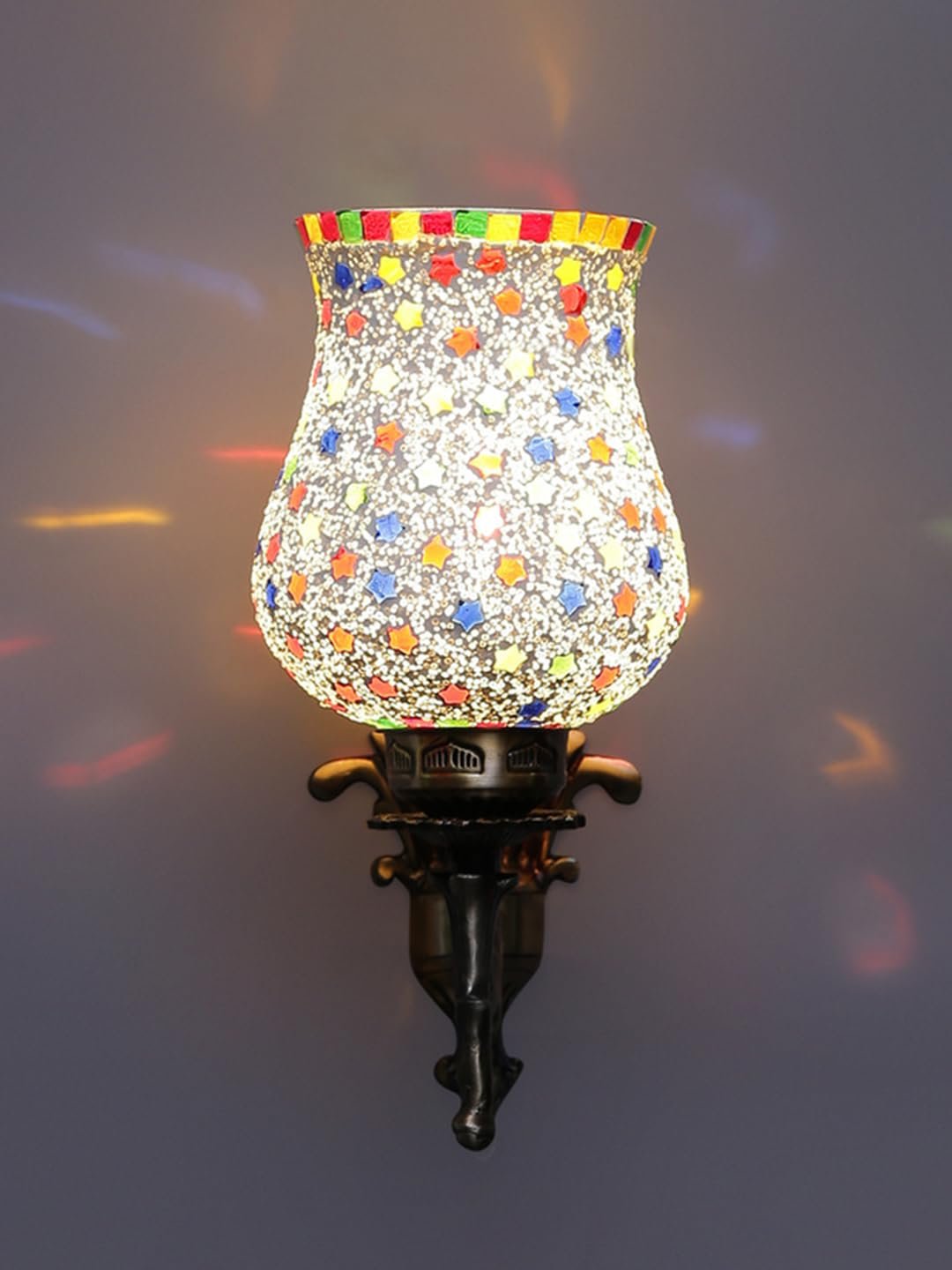 Antique Metal Wall Lamp with Multicolor Mosaic Glass -W(9.3x4.5x12 Inches)
