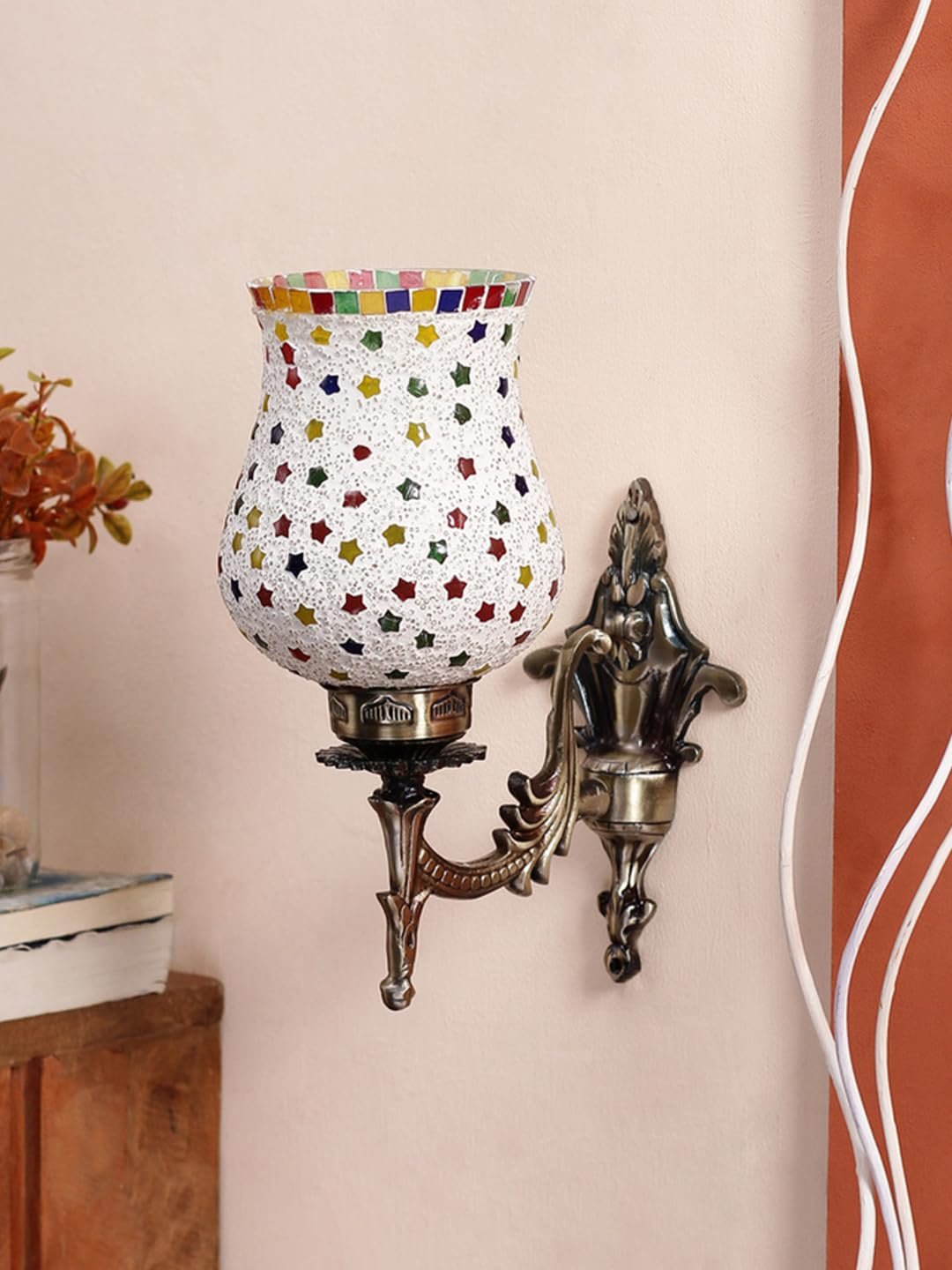 Antique Metal Wall Lamp with Multicolor Mosaic Glass -W(9.3x4.5x12 Inches)