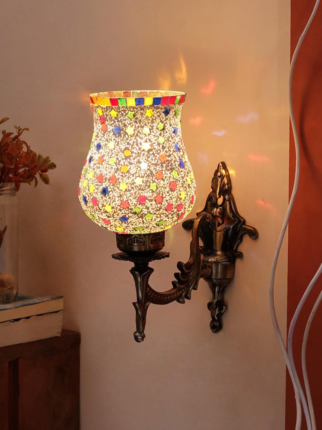 Antique Metal Wall Lamp with Multicolor Mosaic Glass -W(9.3x4.5x12 Inches)