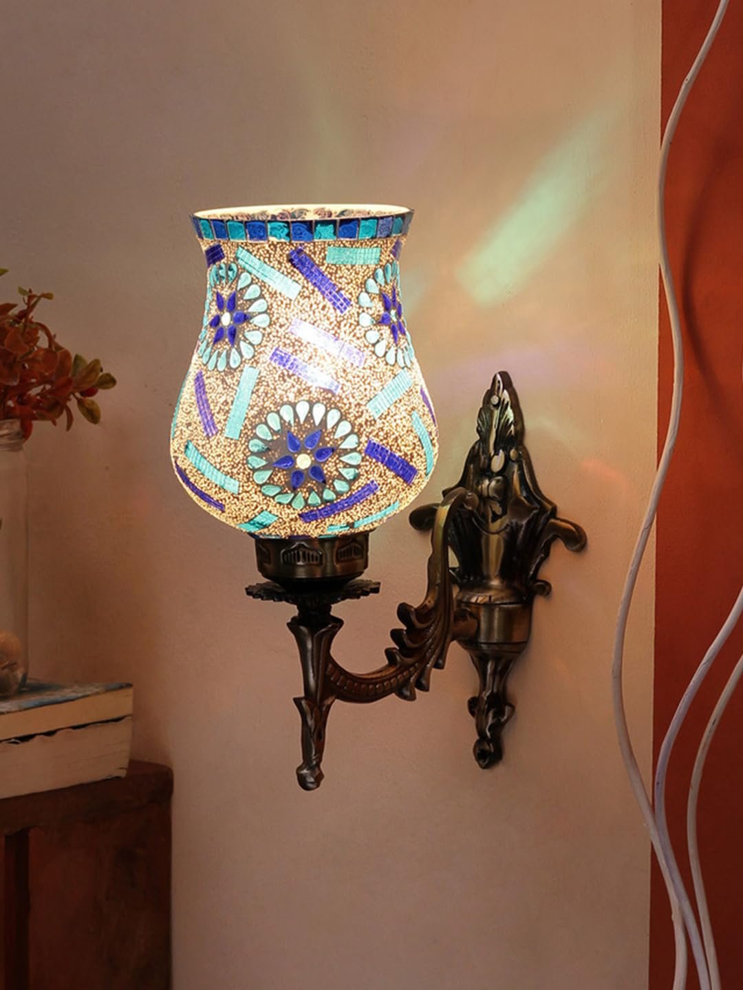 Antique Metal Wall Lamp with Multicolor Mosaic Glass -Y(9.3x4.5x12 Inches)