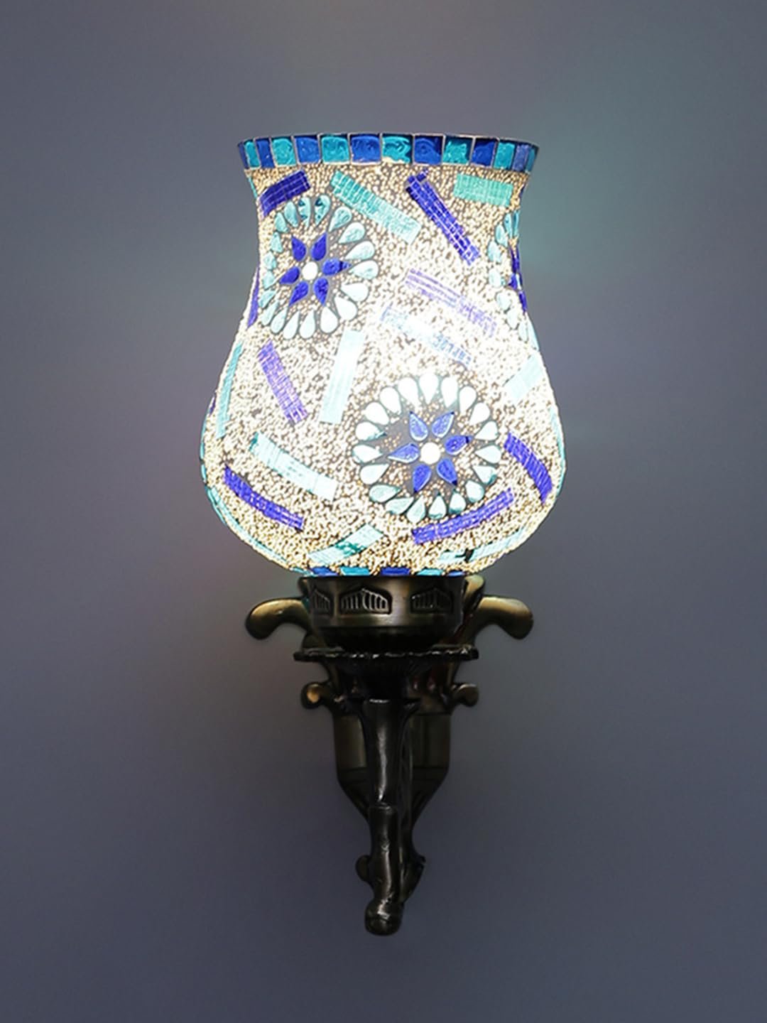Antique Metal Wall Lamp with Multicolor Mosaic Glass -Y(9.3x4.5x12 Inches)