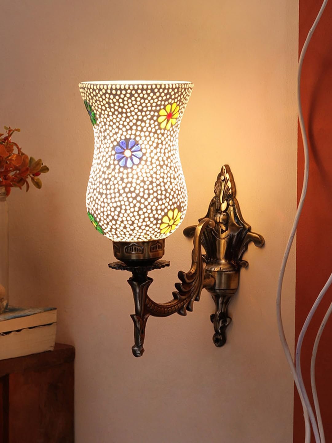 Antique Metal Wall Lamp with Multicolor Mosaic Glass -Z(9.3x4.5x12 Inches)
