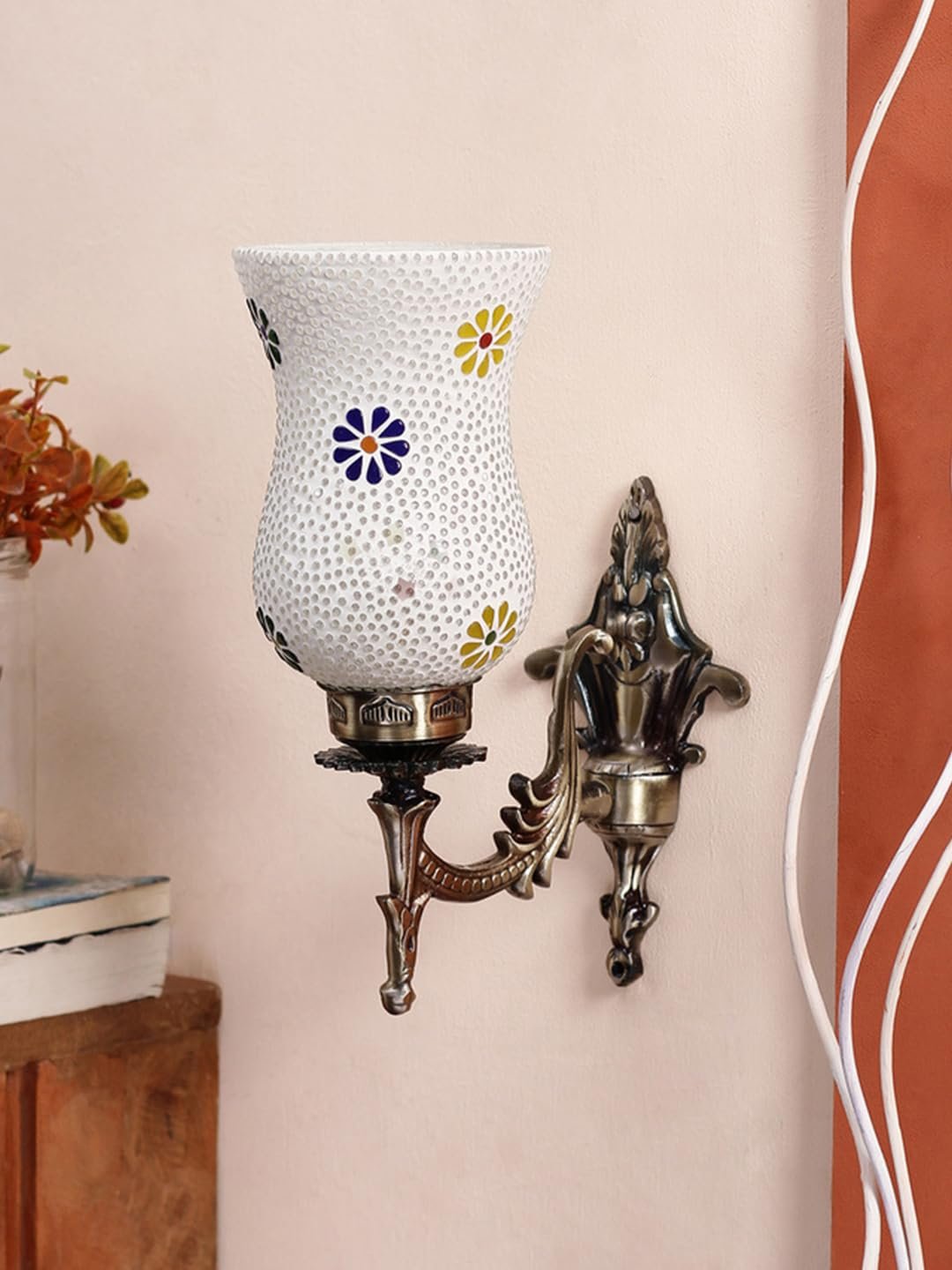 Antique Metal Wall Lamp with Multicolor Mosaic Glass -Z(9.3x4.5x12 Inches)