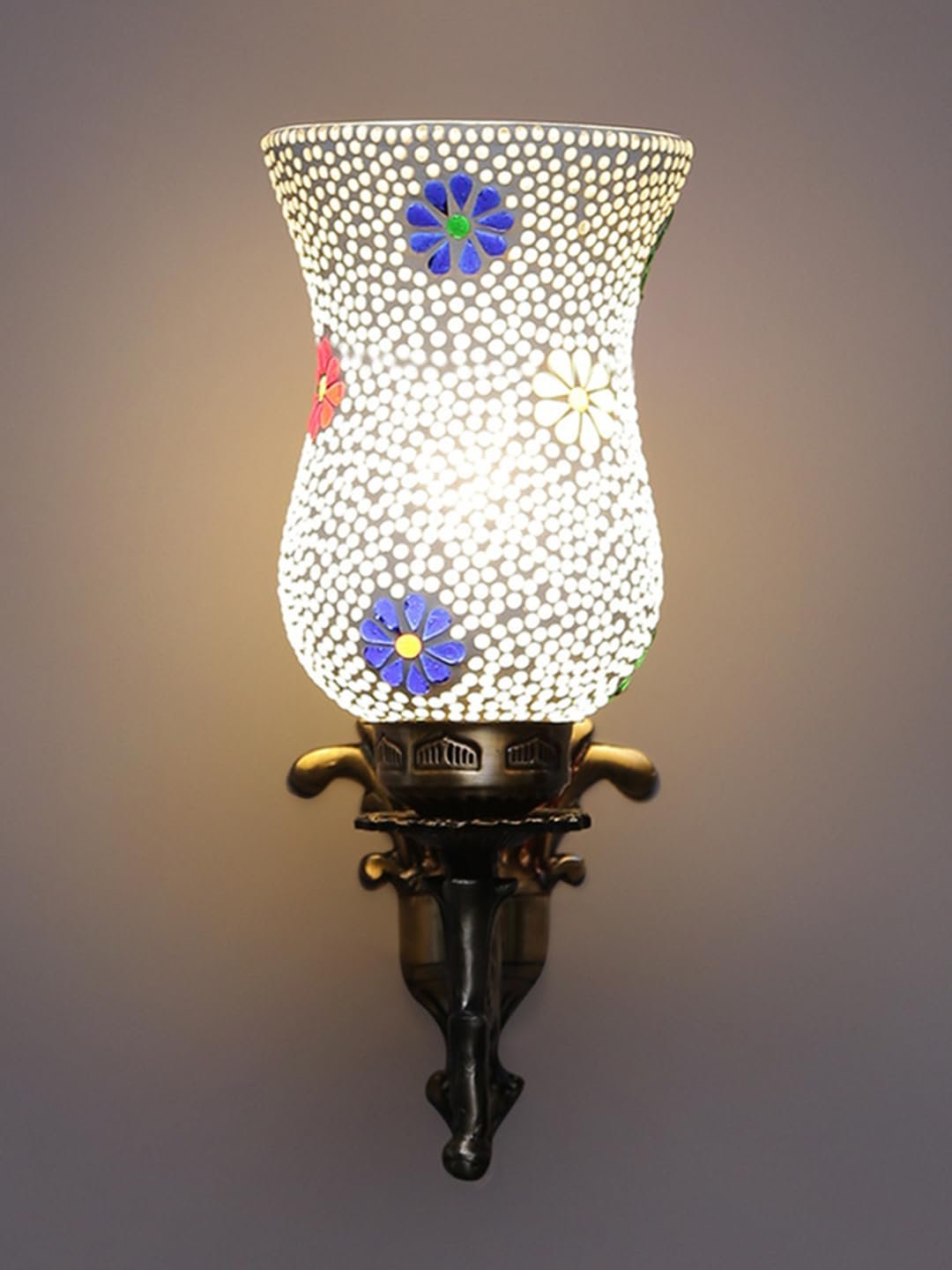 Antique Metal Wall Lamp with Multicolor Mosaic Glass -Z(9.3x4.5x12 Inches)