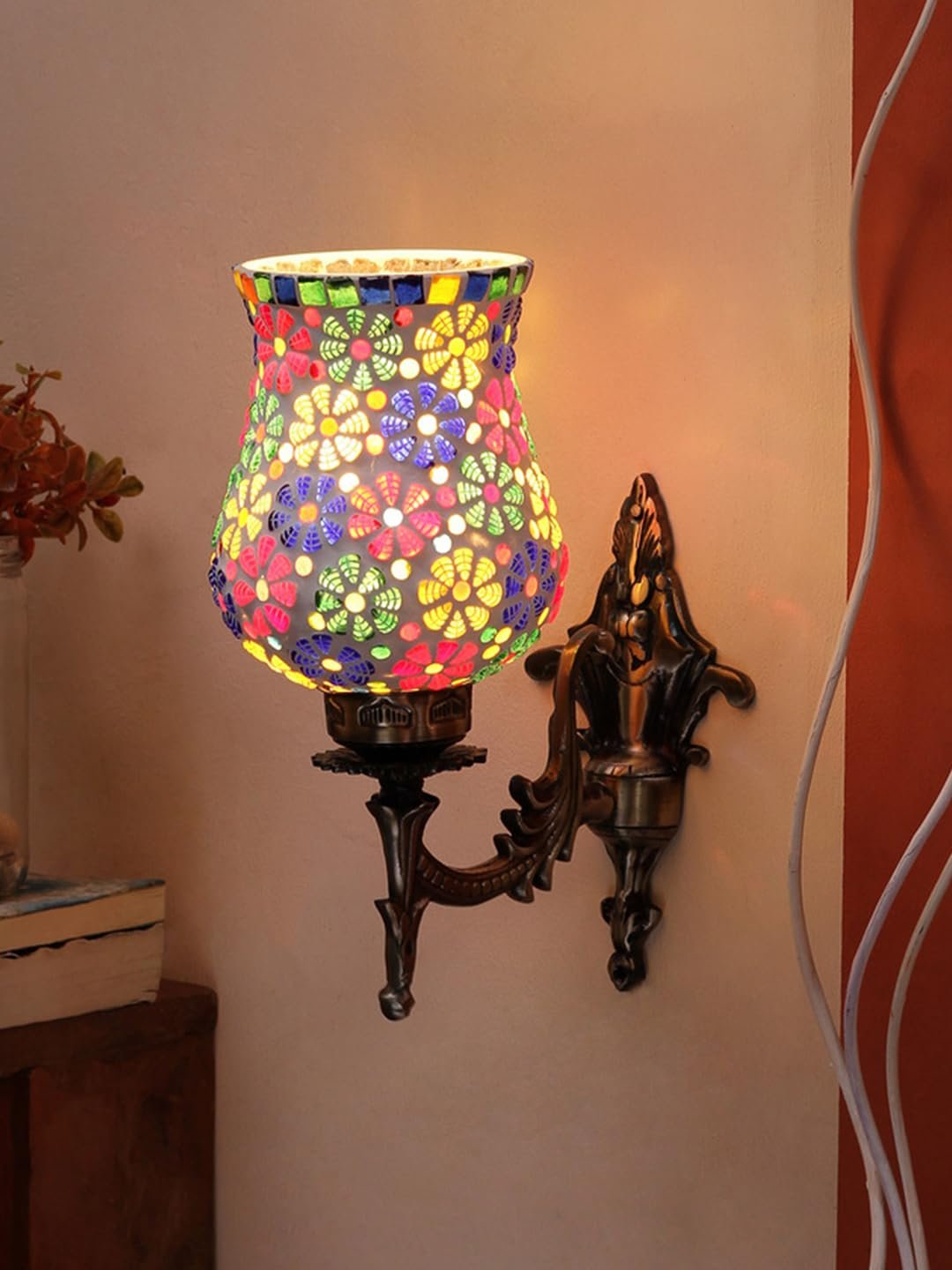 Antique Metal Wall Lamp with Multicolor Mosaic Glass -AA(9.3x4.5x12 Inches)