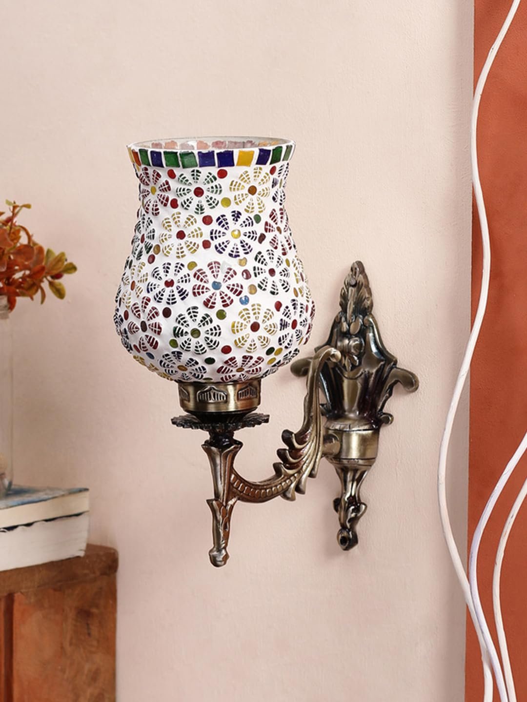 Antique Metal Wall Lamp with Multicolor Mosaic Glass -AA(9.3x4.5x12 Inches)