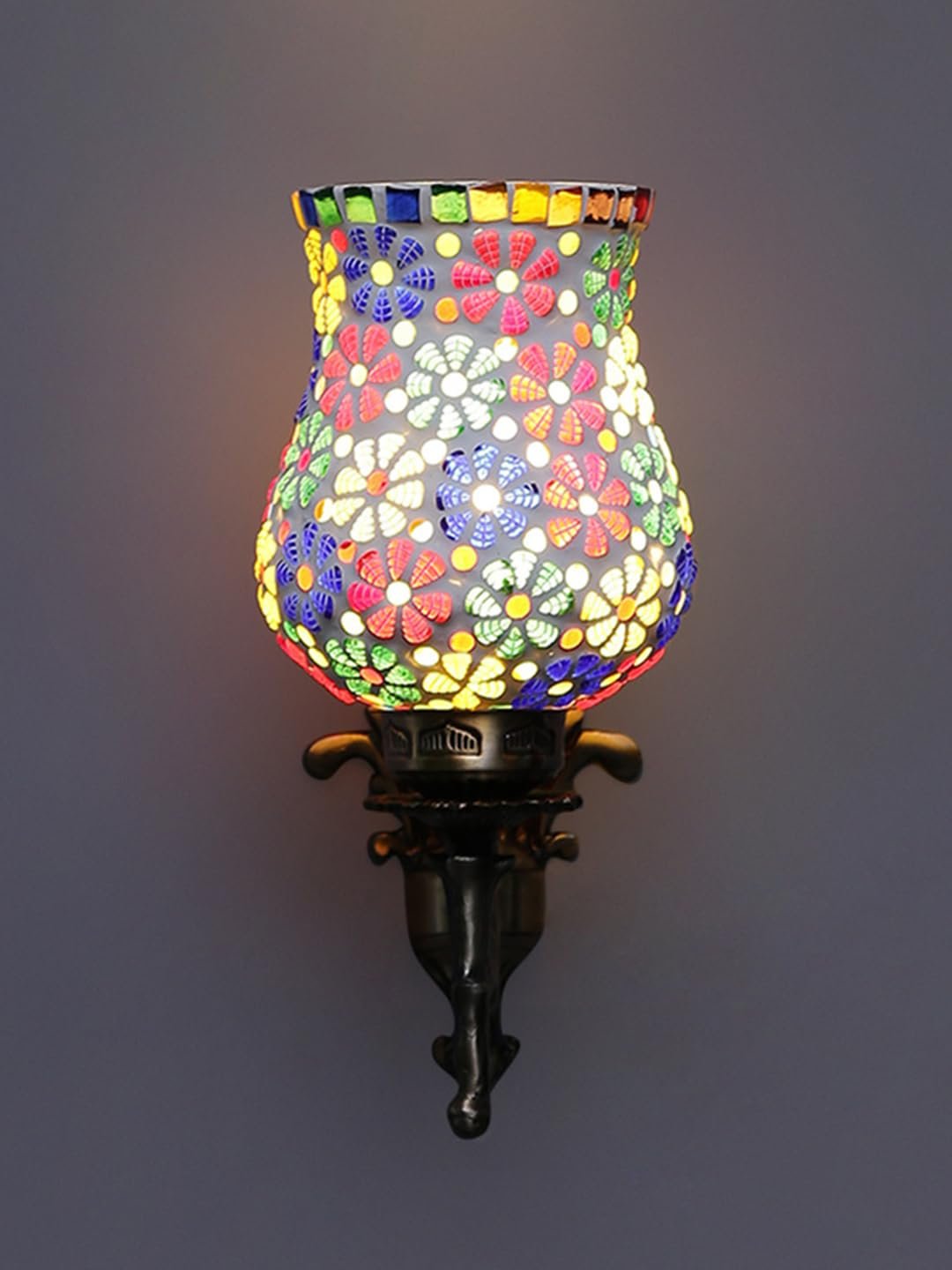 Antique Metal Wall Lamp with Multicolor Mosaic Glass -AA(9.3x4.5x12 Inches)