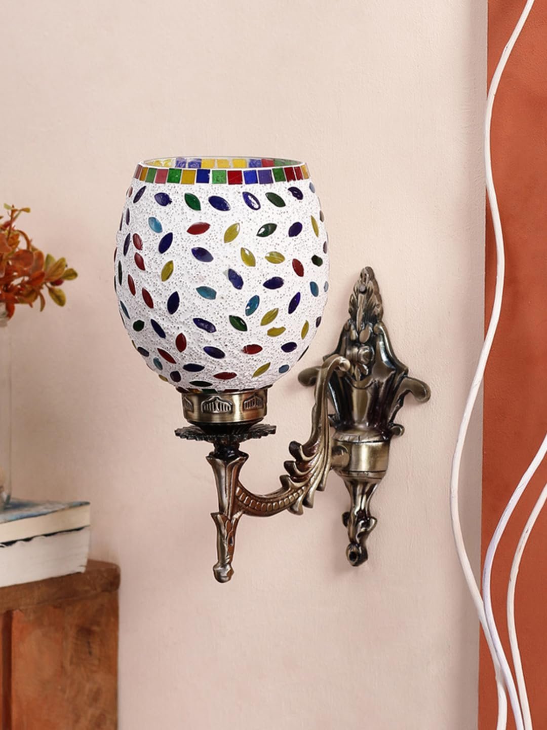Antique Metal Wall Lamp with Multicolor Mosaic Glass -AB(9.3x4.5x12 Inches)