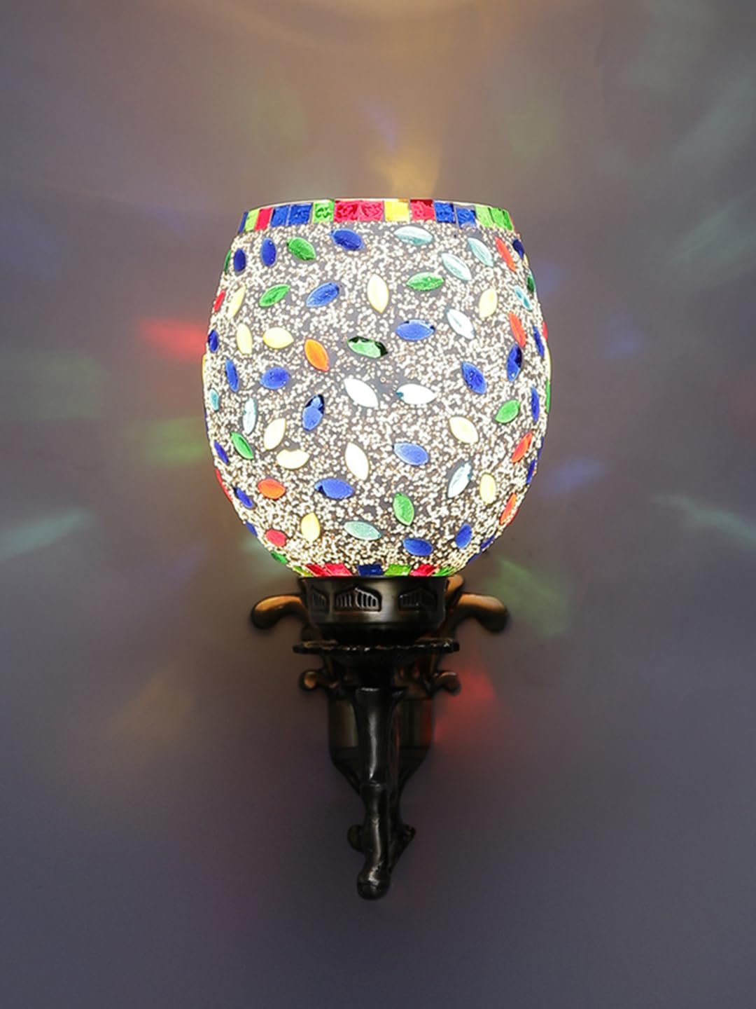 Antique Metal Wall Lamp with Multicolor Mosaic Glass -AB(9.3x4.5x12 Inches)